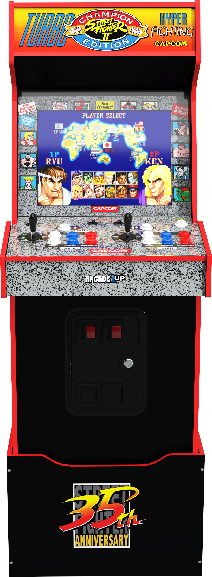 Street Fighter II-es játékautomata. Ryu és Ken játékosválasztó képernyője látható. A gép gombokkal és joystickkal rendelkezik.