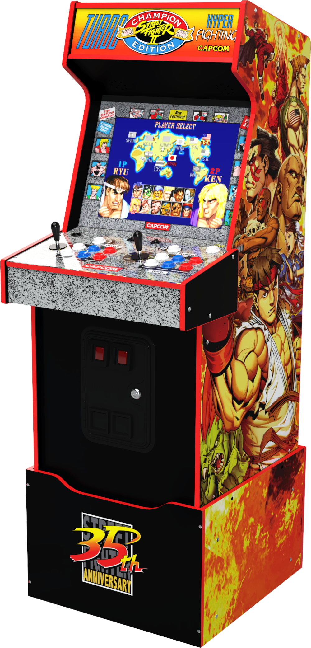 Street Fighter II Turbo arcade gép. Ryu és Ken szerepel. Látható a Capcom logó és a 35. évforduló logó.