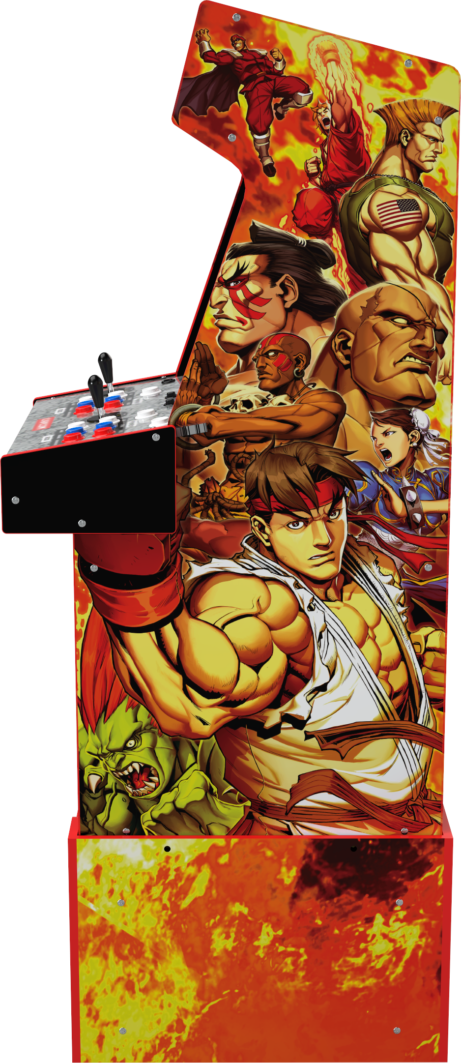 Street Fighter karakterekkel díszített játékautomata. Ryu kiemelkedik. A gombok és a joystick láthatók a vezérlőpanelen.