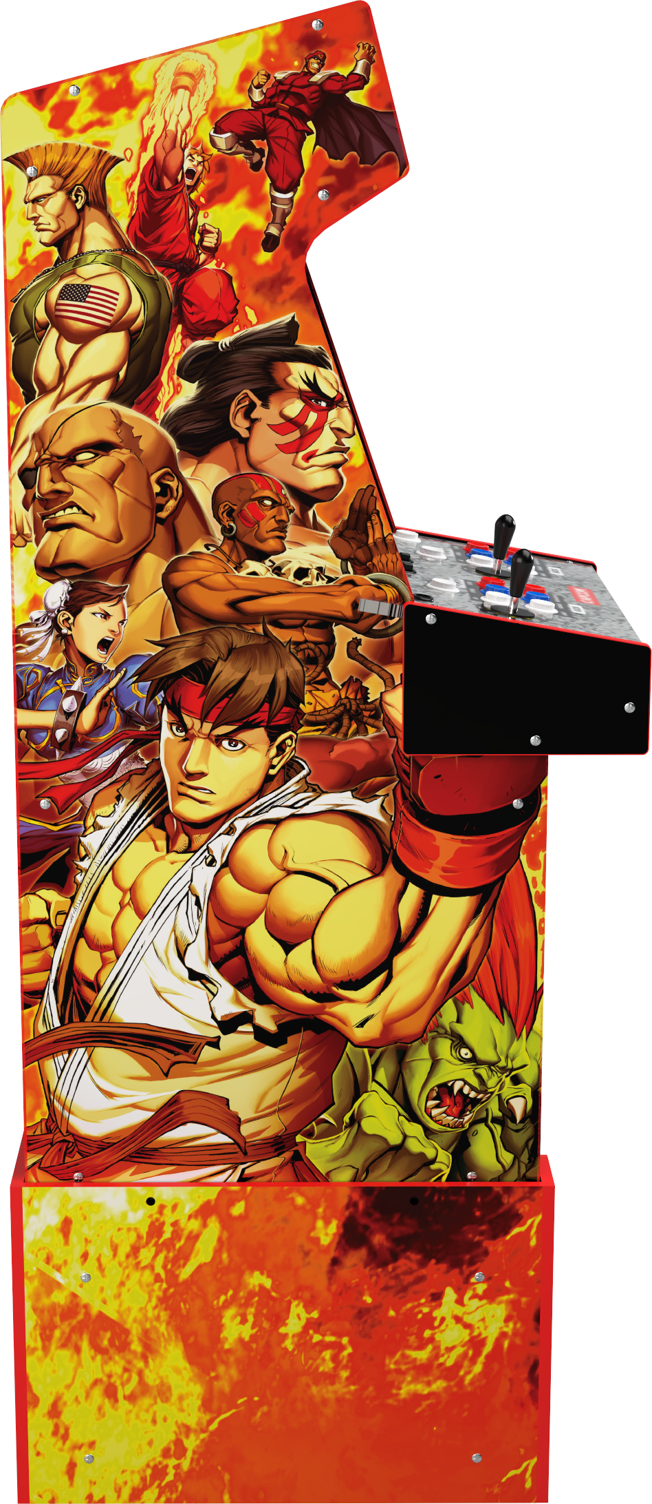 Street Fighter karakterekkel díszített játékgép. Ryu elöl látható. A háttérben különböző harcosok és tűz grafikák láthatók.