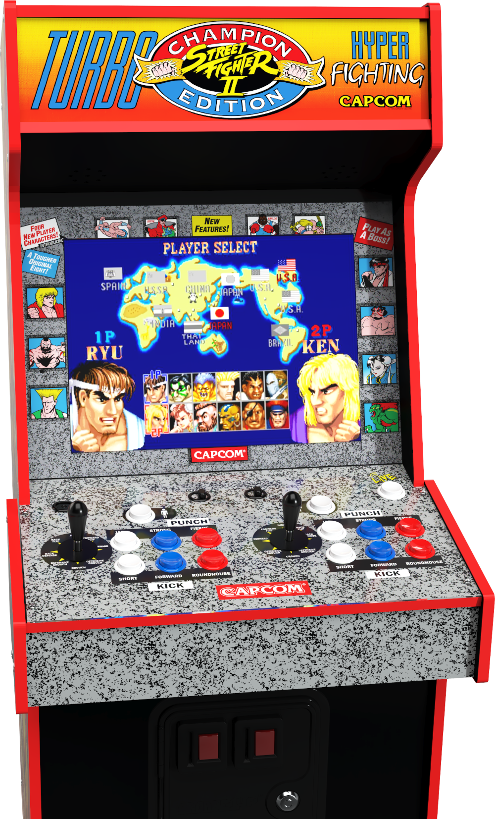 Street Fighter II játékautomata. A képernyő a karakterválasztást mutatja. A vezérlőpanelen joystickok és gombok vannak. Capcom logó.