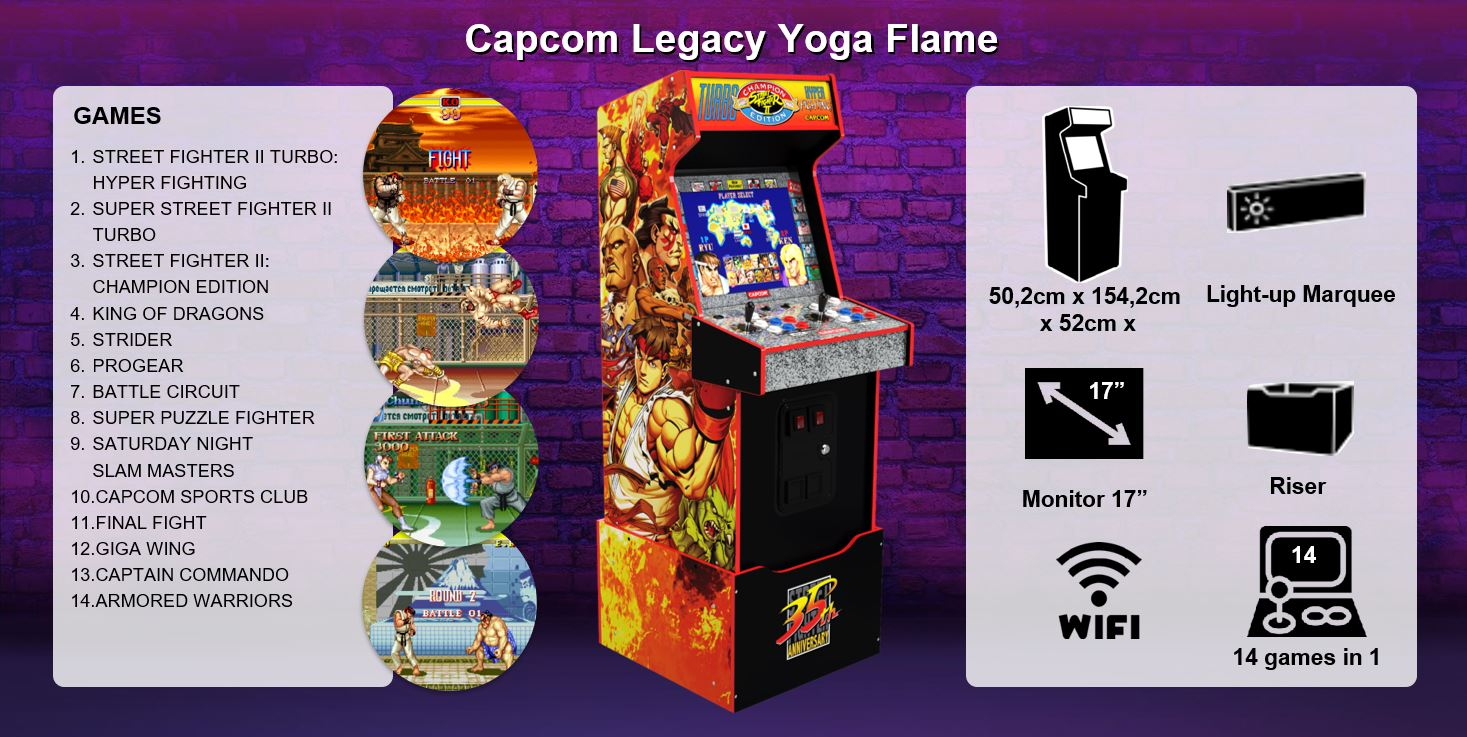 Egy Street Fighter témájú játékautomata, játéknévvel, méretekkel, 17"-es monitorral és Wi-Fi-vel, 14 játékkal 1-ben.