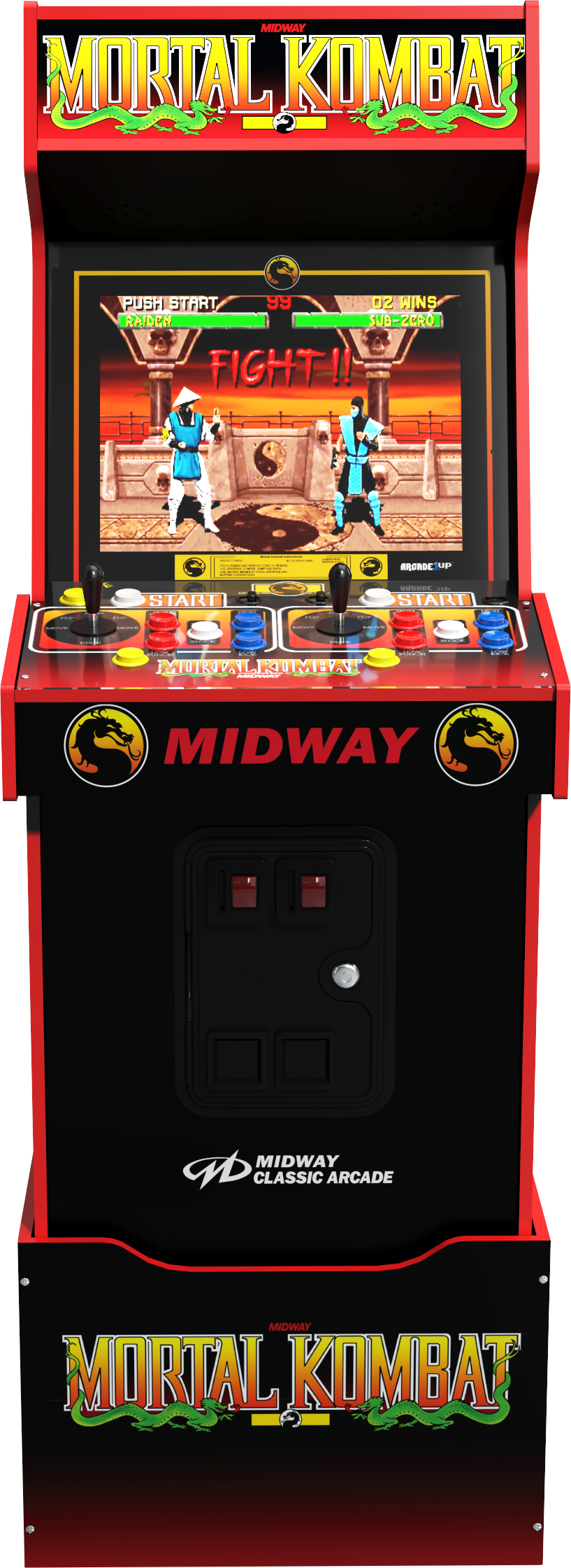 Mortal Kombat játékautomata. Képernyőjén két karakter küzdelme látható. A vezérlőpanelen joystickok és gombok találhatók.