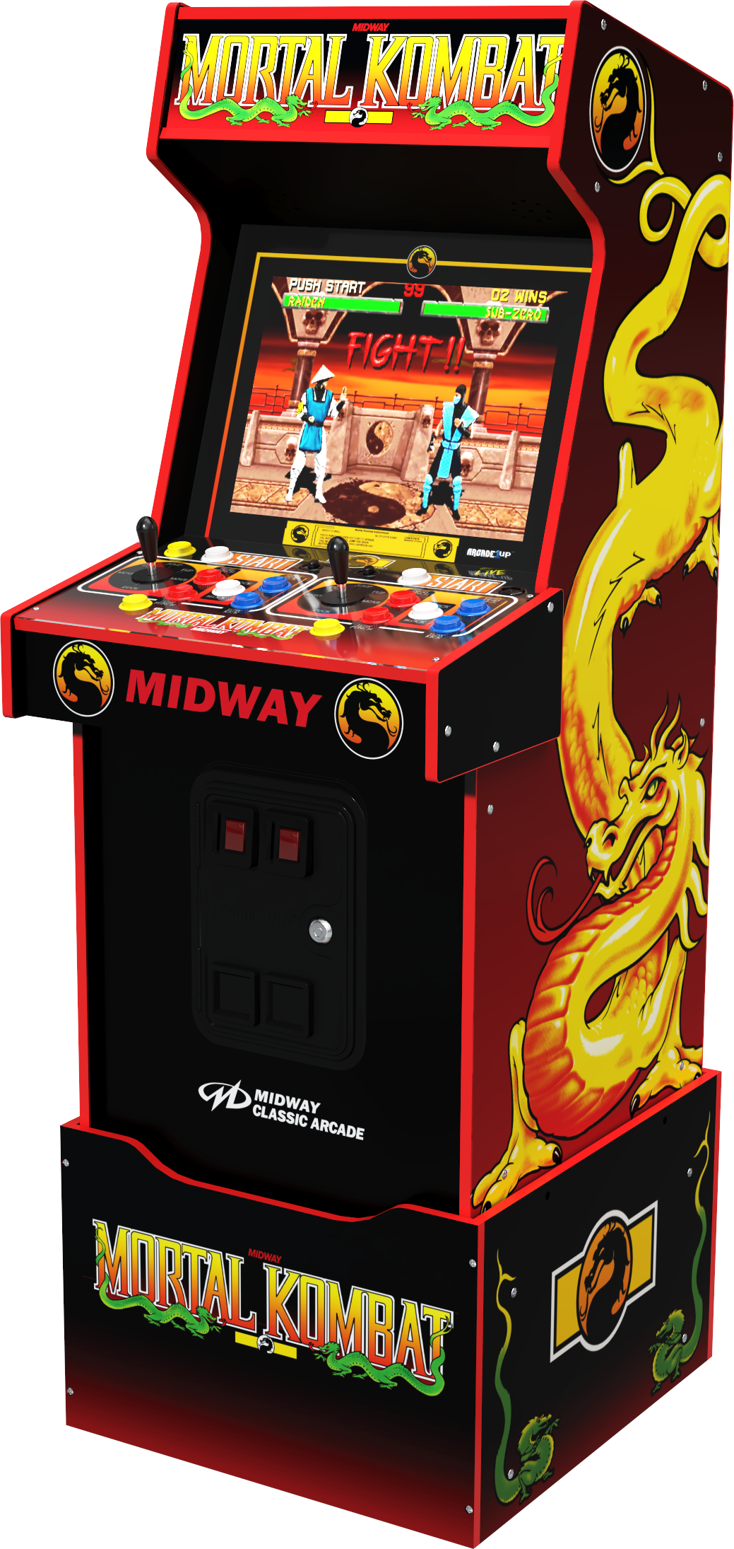 Mortal Kombat arcade gép. Játékképernyő karakterekkel, vezérlőpanel és sárkány grafika. Karakterek láthatók.