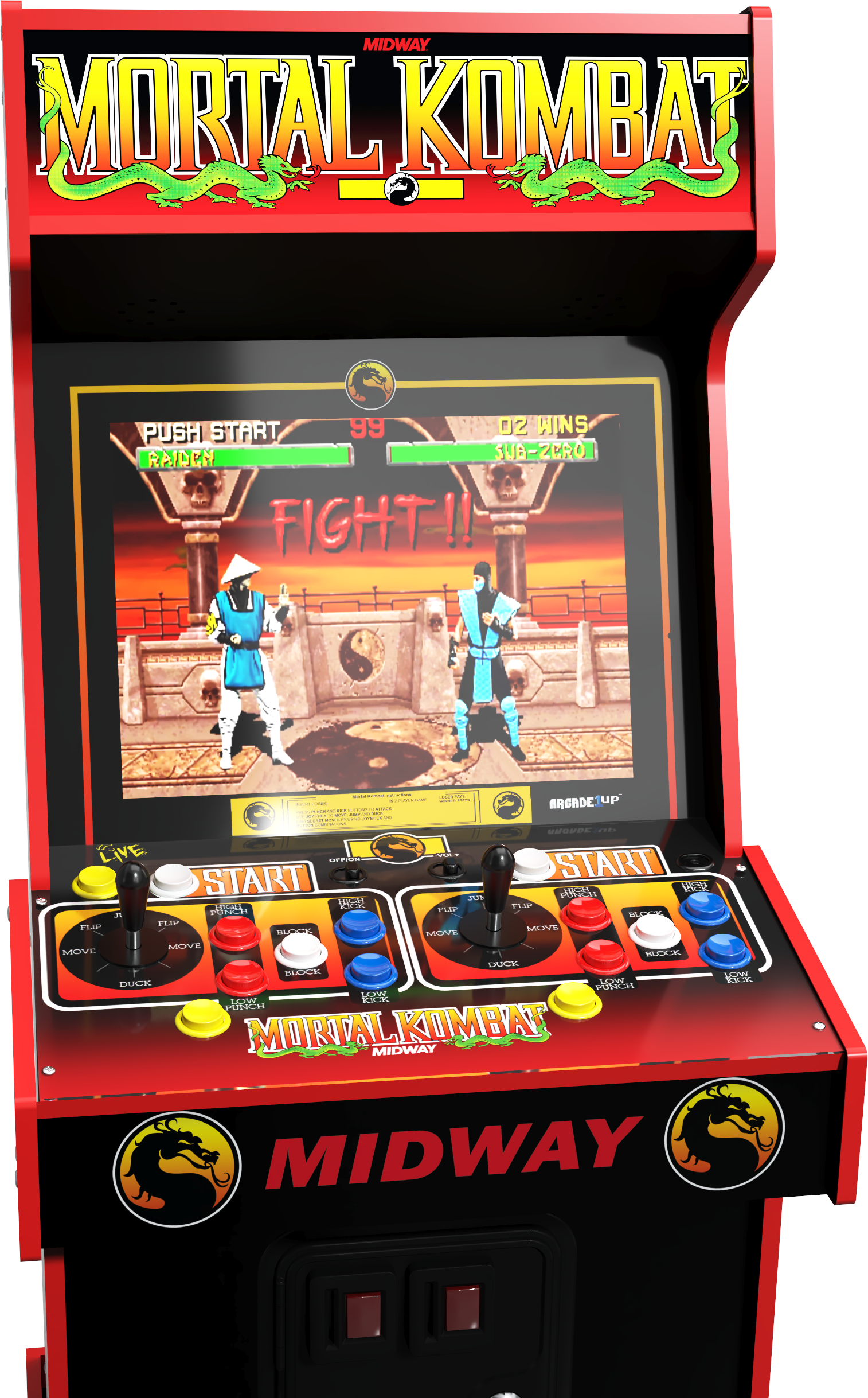 Mortal Kombat játékautomata. Két karakter küzd a képernyőn. Gombok és joystick látható. Piros és fekete szekrény.