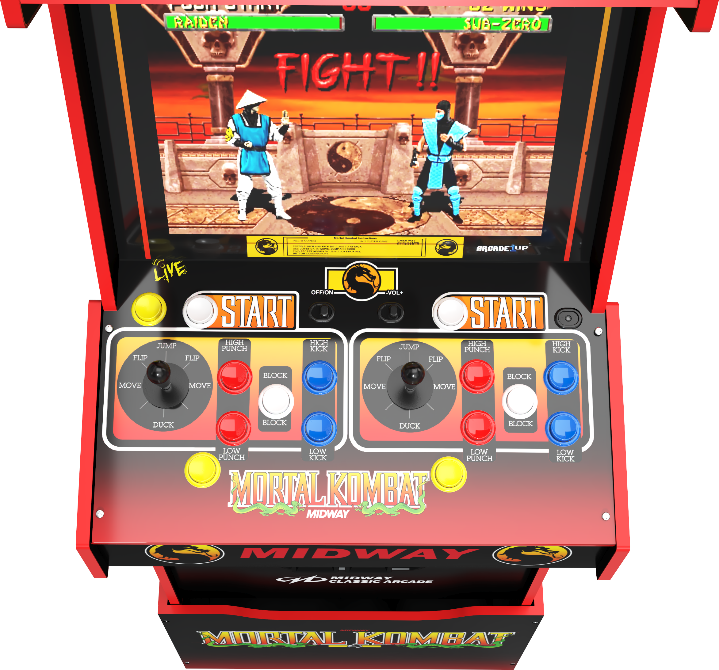 Mortal Kombat játékautomata. Játékképernyő, joystick-os és gombos vezérlőpanel, és játékcím.