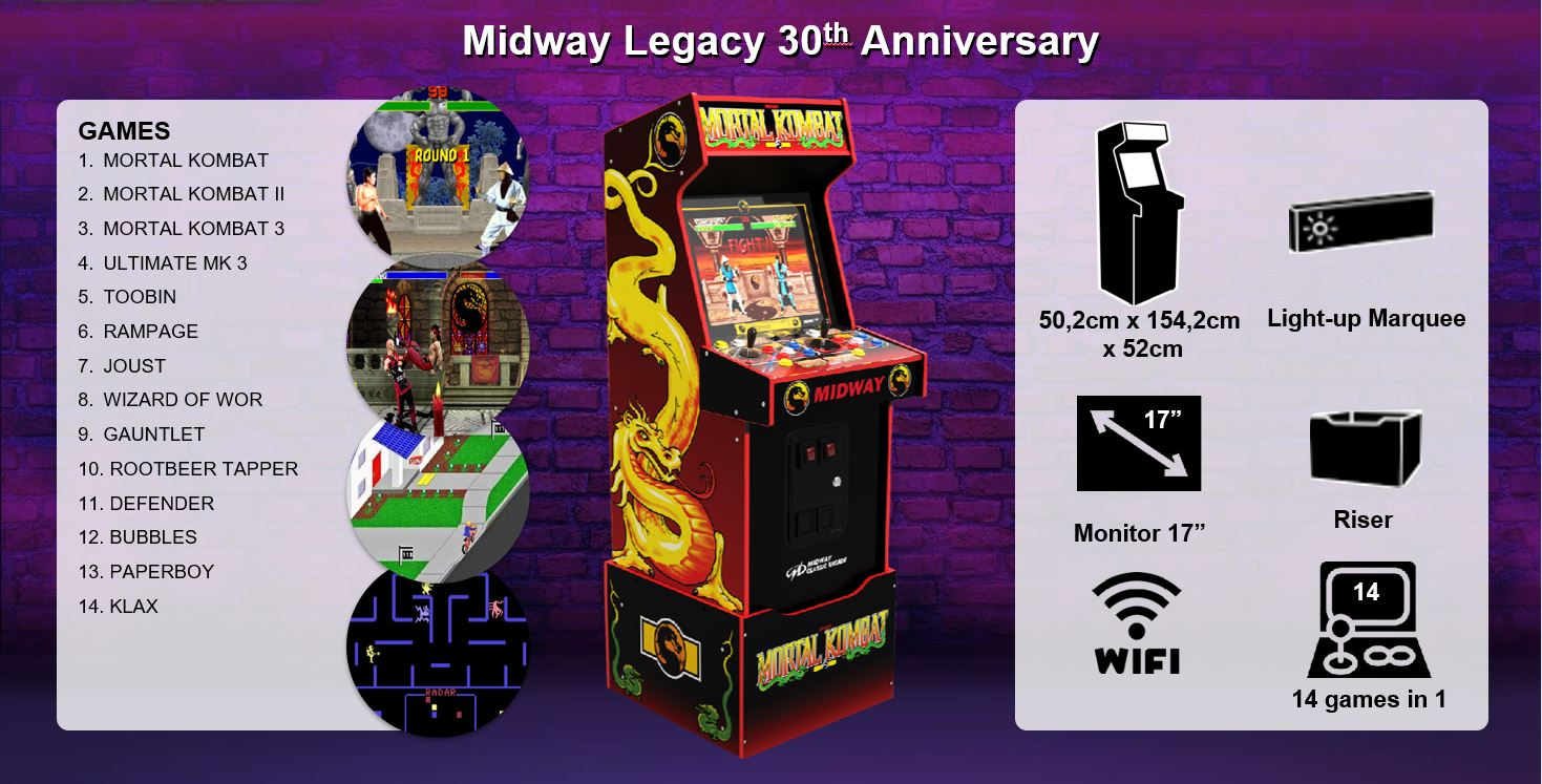 Midway Legacy 30th Anniversary arcade gép. Mortal Kombatot és más klasszikus játékokat tartalmaz. Tartalmazza a specifikációkat, a 17" monitort és a Wi-Fi-t.