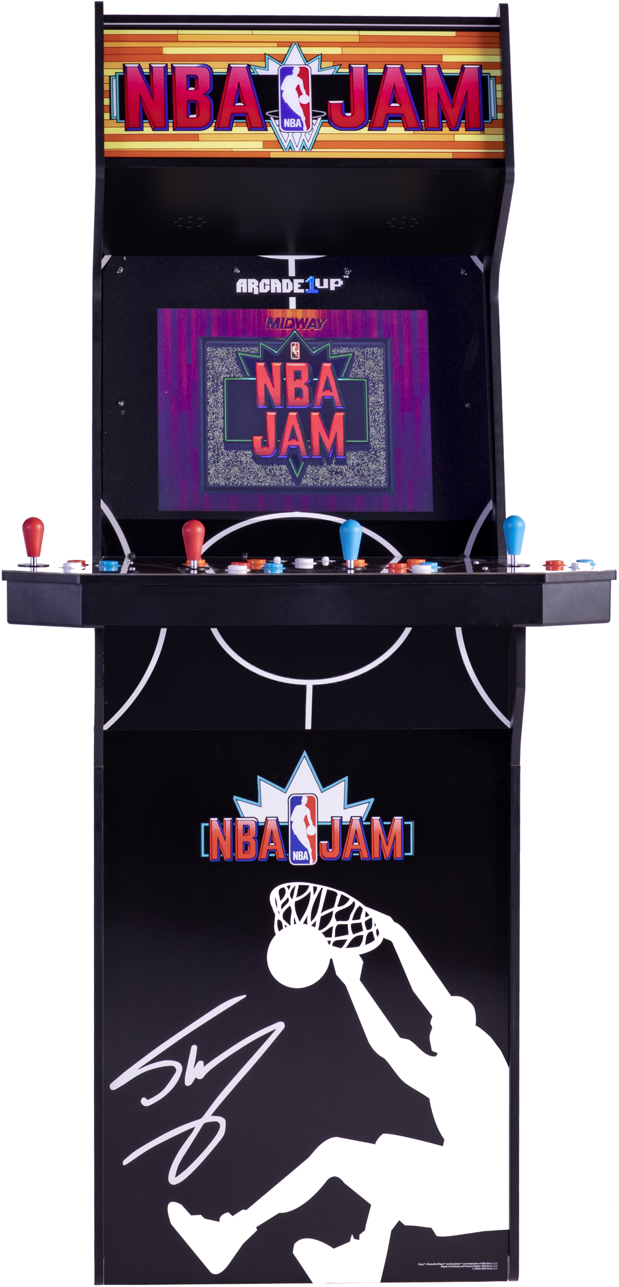 Egy NBA Jam arcade játék. A tetején a játék logója, az előlapon pedig egy kosárlabdázó sziluettje látható, aki zsákol.