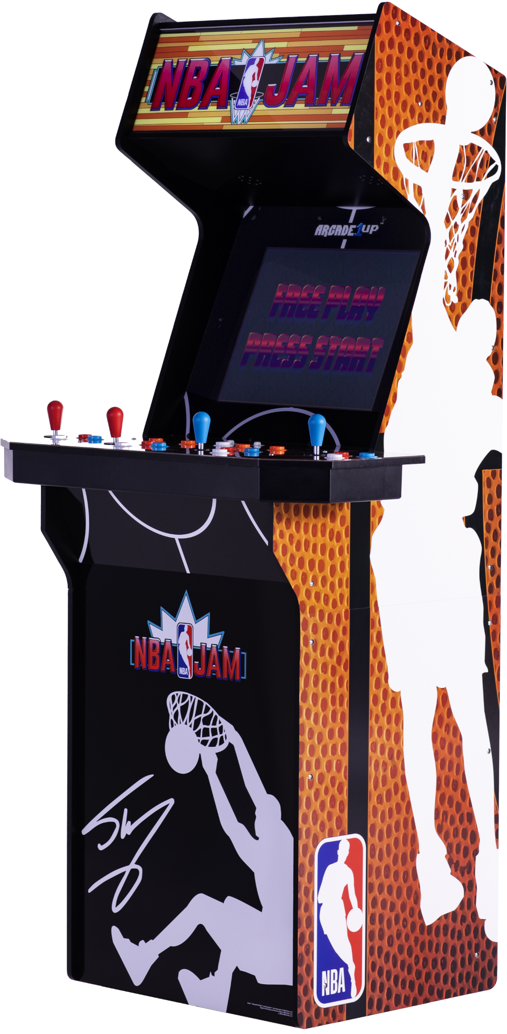 NBA Jam játékautomata. Játékképernyő, joystickek és kosárlabda témájú grafika. Fehér játékos sziluett az oldalon.