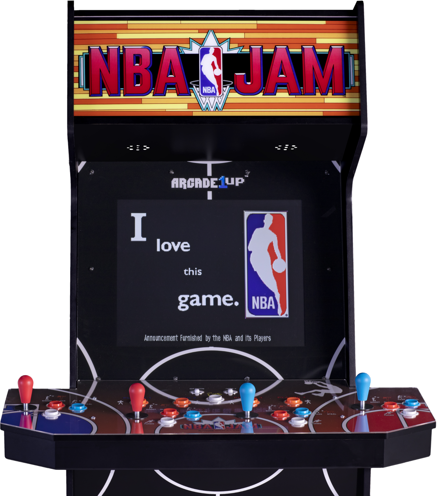 Egy NBA Jam arcade játék. Van egy képernyője, amin a „I love this game.” felirat olvasható, valamint joystickek és gombok.