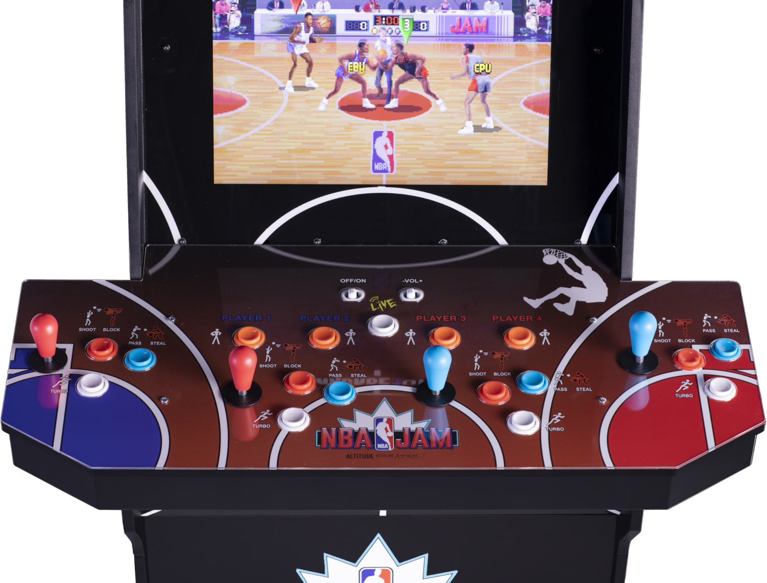 NBA Jam arcade gép. A képernyőn kosárlabda játék látható. A vezérlőpanelen joystickok és gombok vannak. A szekrény fekete, piros és barna részletekkel.