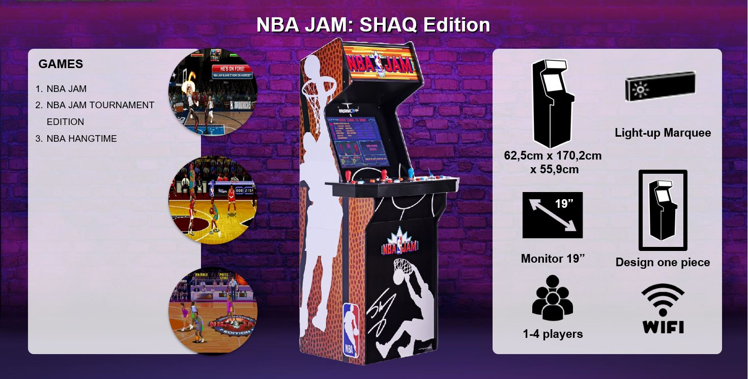 Egy NBA Jam arcade gép. Jellemzők: 19" monitor, világító előtető, 1-4 játékos és Wi-Fi. Játékrészletek is láthatók.