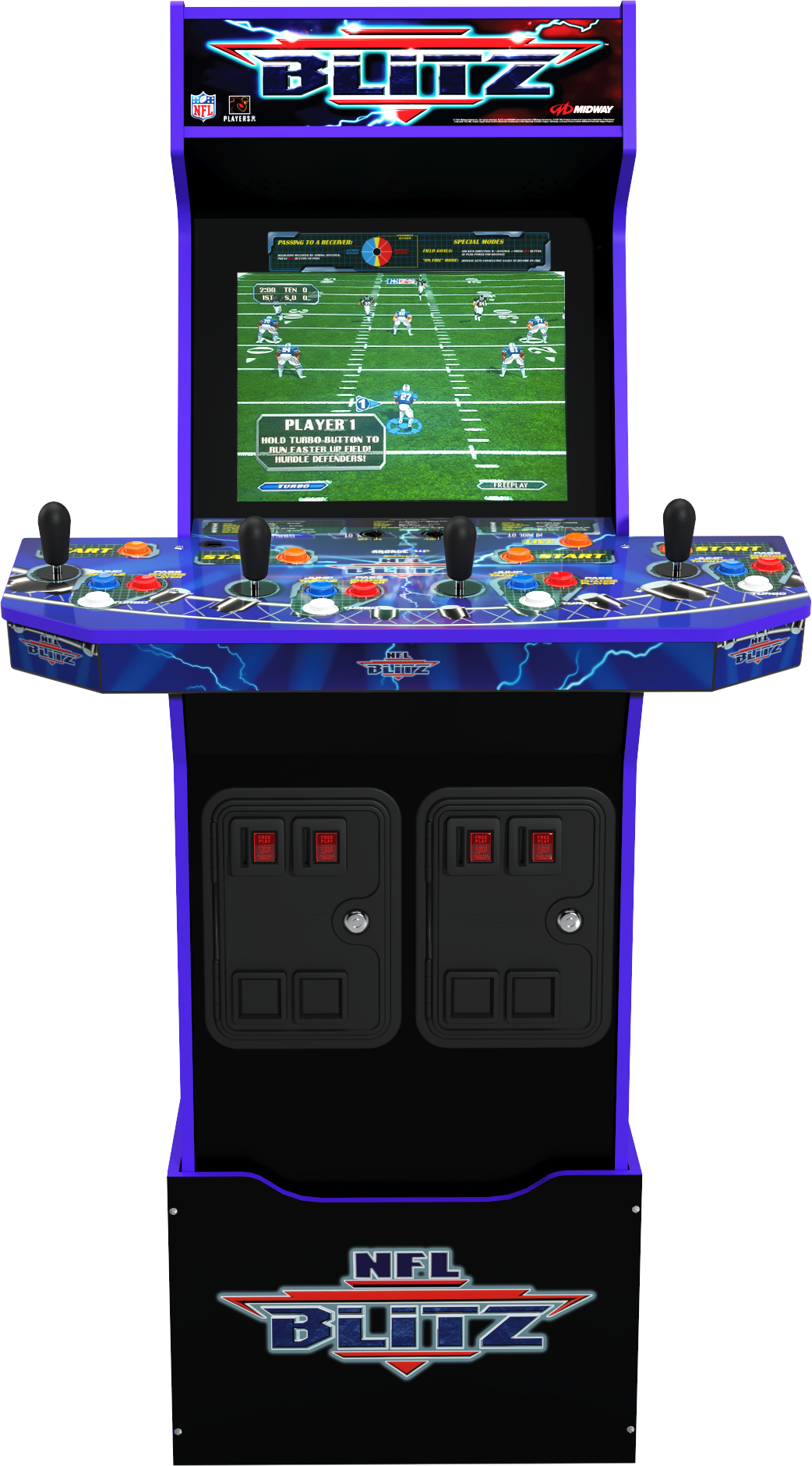 NFL Blitz arcade játék. A képernyőn egy amerikai futball meccs látható. A vezérlők joystickok és gombok. A gép kék és fekete.