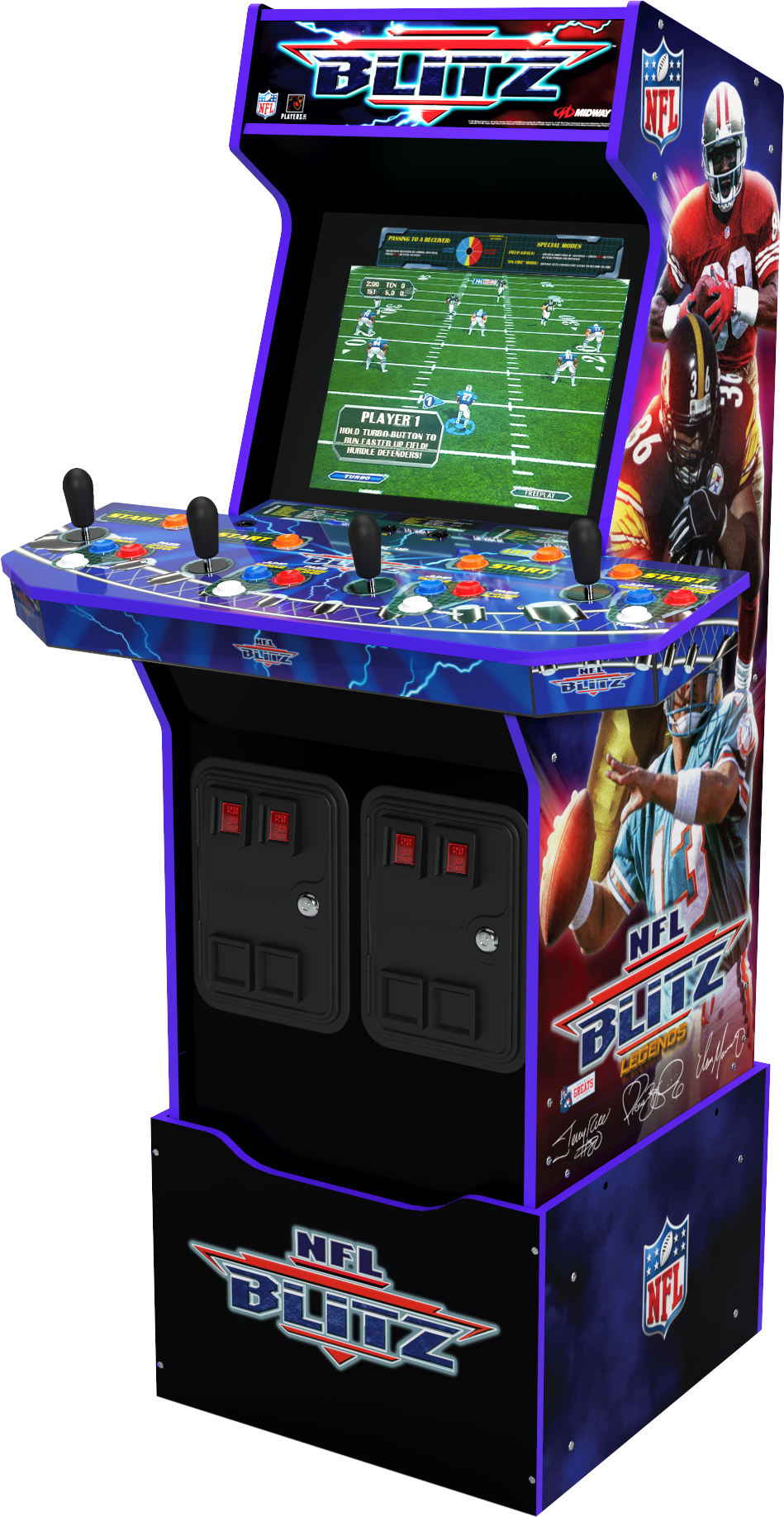 Egy NFL Blitz arcade gép látható. Van egy képernyője, amely egy amerikai futballmeccset jelenít meg. A gép szekrénye játékosvezérlőkkel és játék grafikával rendelkezik.