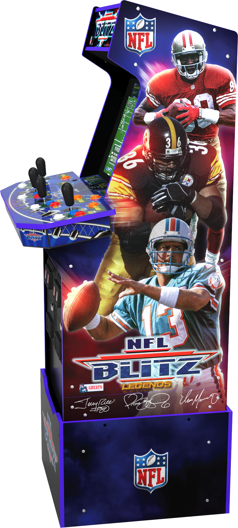 Egy NFL Blitz játékautomata. NFL-játékosok képeit, az NFL logóját és a játék címét ábrázolja. A vezérlőpanel alul található.