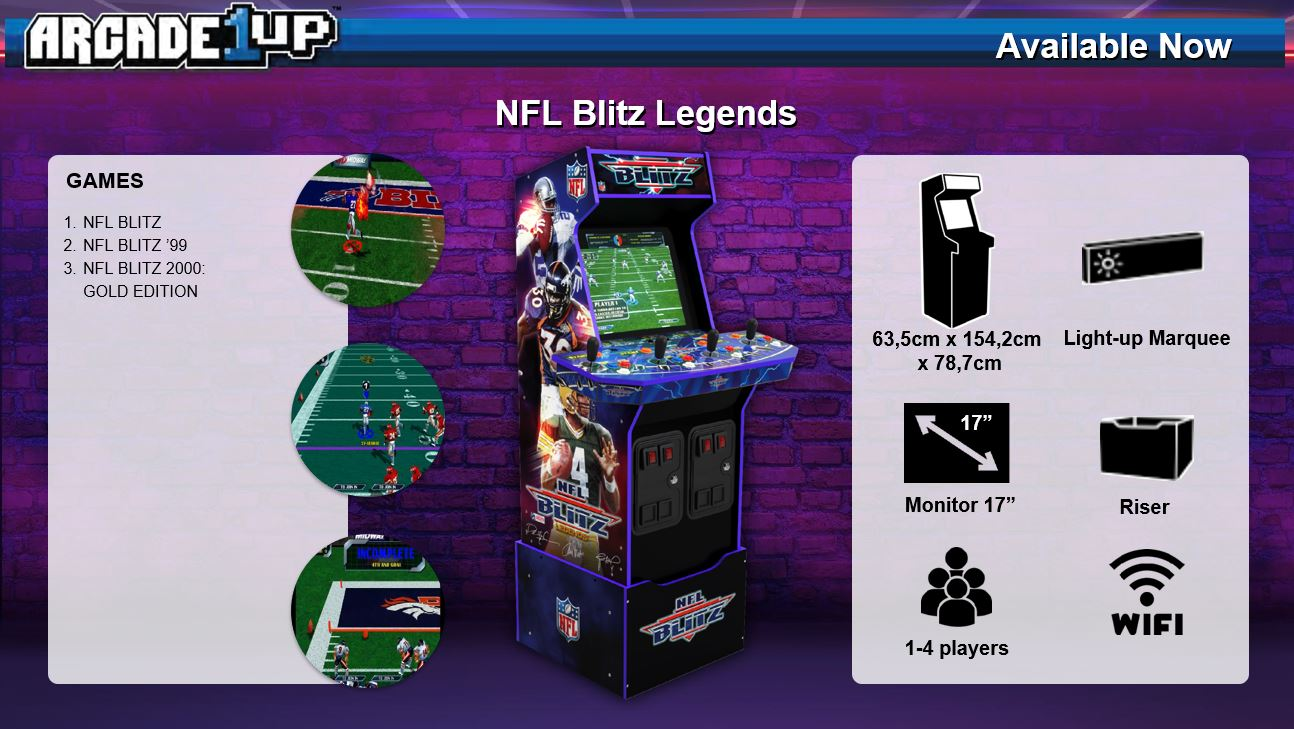 Egy NFL Blitz Legends játékautomata. Játékok, méretek, monitor mérete, játékosok száma és a WiFi elérhetősége látható.