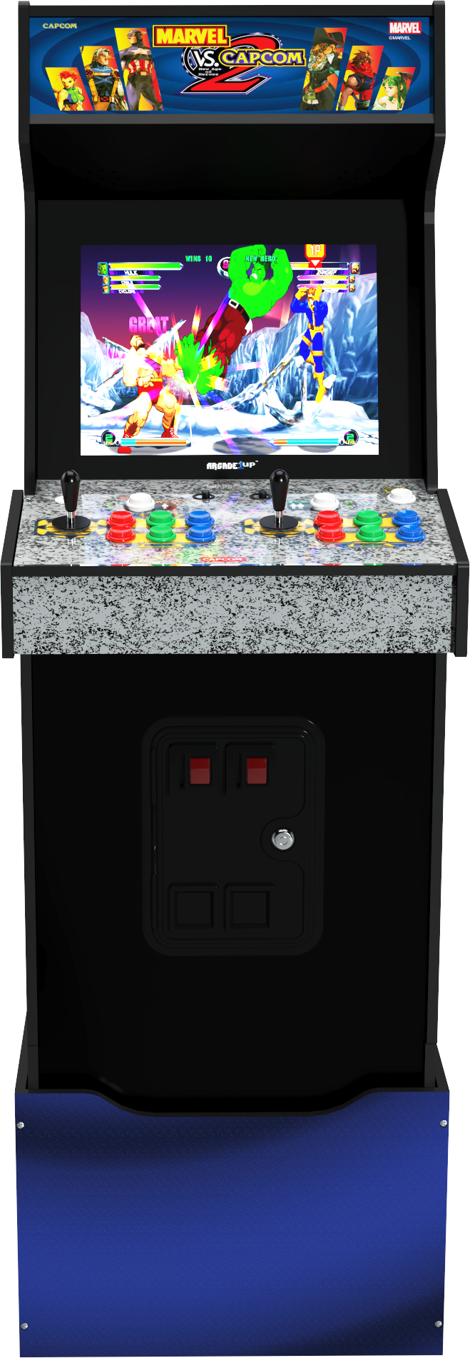 Marvel vs Capcom 2 arcade gép. Játékképernyő, joystick és gombok. Hulk és Cyclops karakterek láthatók.