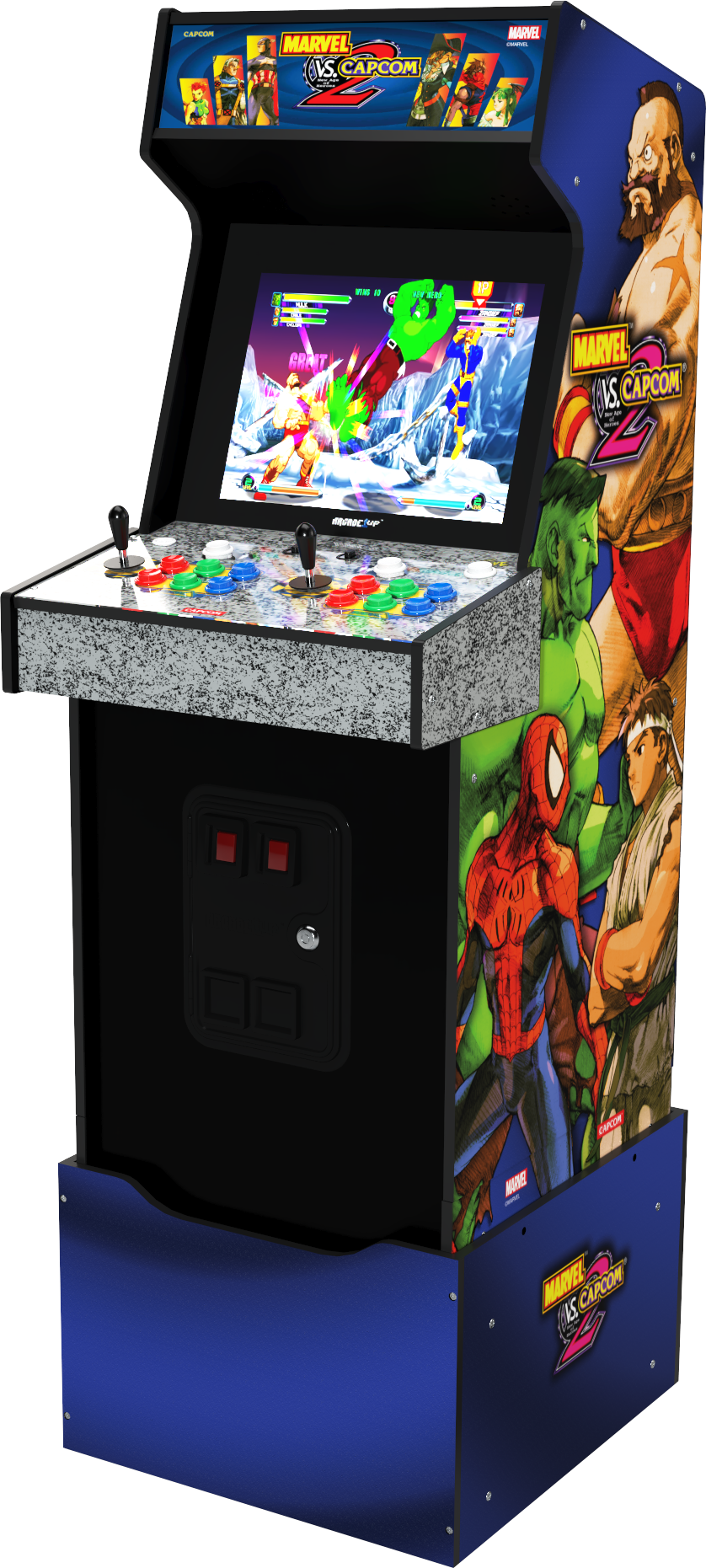 Egy játékautomata, amelynek képernyőjén egy verekedős játék látható. Marvel és Capcom karakterek láthatók. A szekrény kék és fekete.