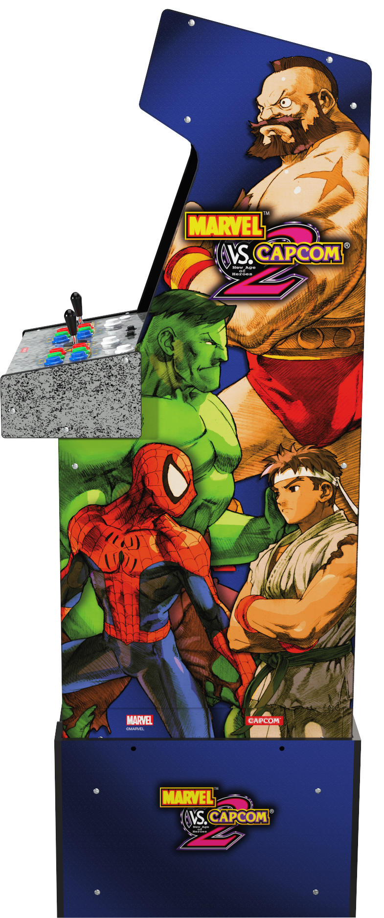 Egy Marvel vs. Capcom 2 karaktereket tartalmazó arcade gép. Pókember, Hulk és Ryu látható. A vezérlőpanel bal oldalon.