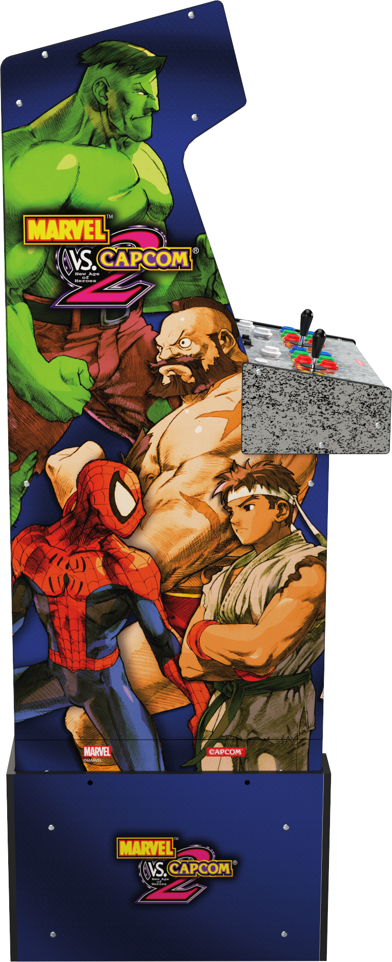 Marvel vs. Capcom 2 grafikával ellátott arcade gép. Hulk, Pókember és Ryu láthatók. Irányítópult joystickokkal és gombokkal.