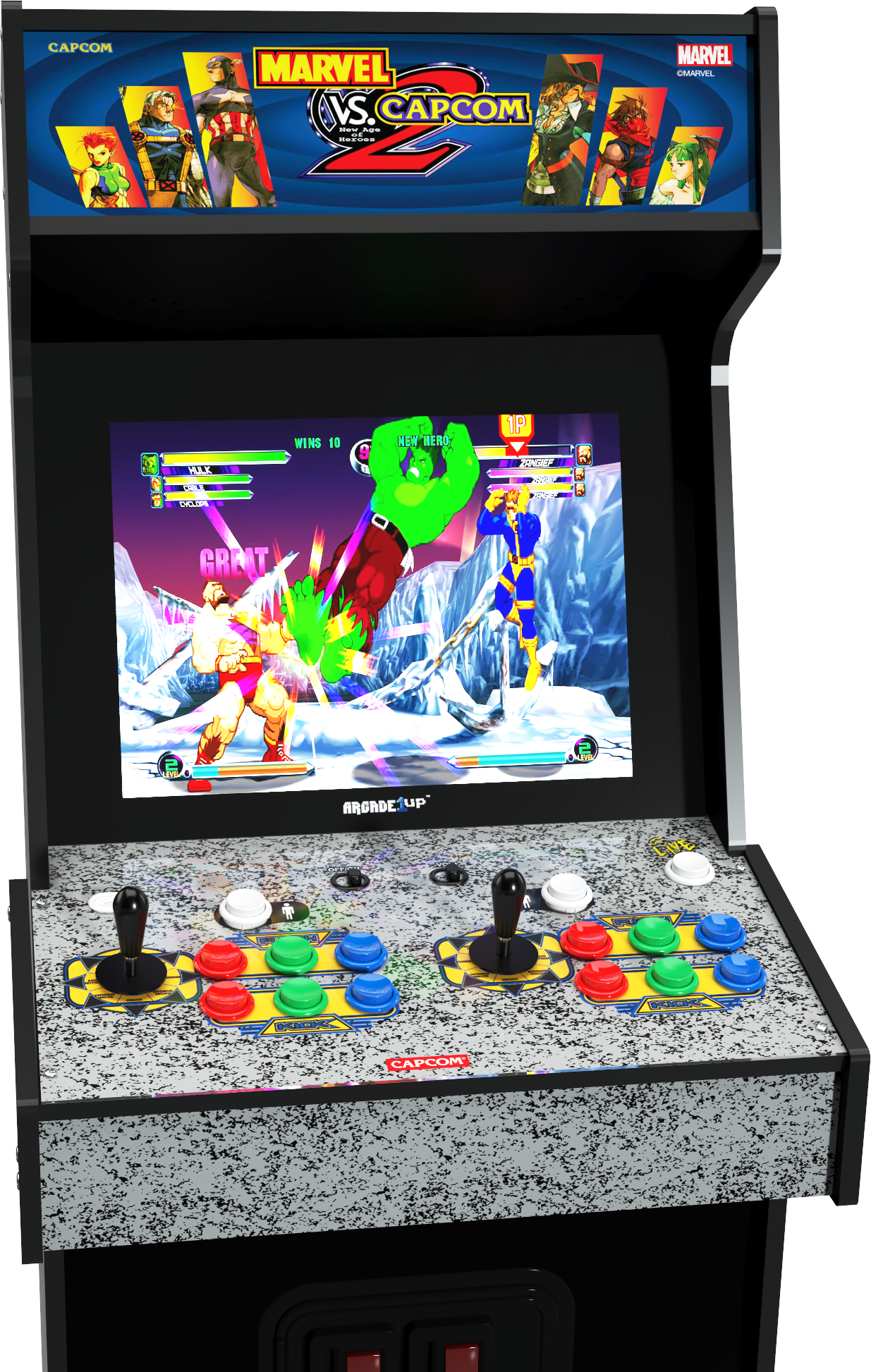 Marvel vs. Capcom játékkal rendelkező arcade gép. Hulk Zangief ellen küzd. Gombok és joystickok láthatók.