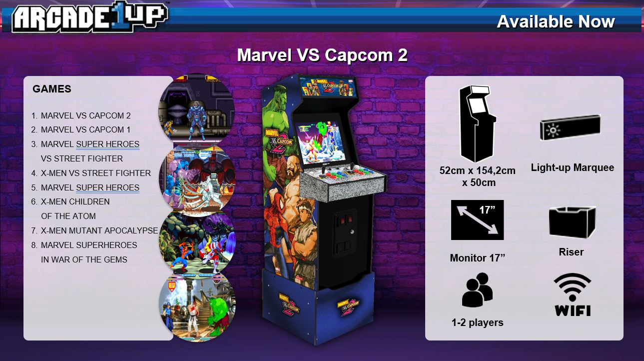 Marvel vs. Capcom 2 márkájú játékautomata. Más játékcímek is szerepelnek. A funkciók közé tartozik egy 17"-es monitor és a WiFi.