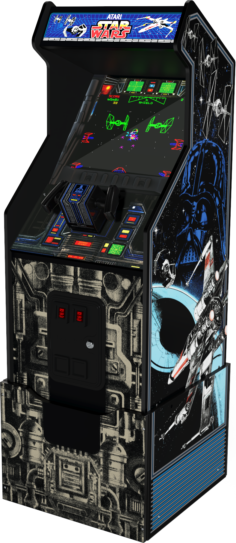 Egy Atari Star Wars játékautomata. Játékképernyővel, vezérlőkkel és Star Wars grafikával rendelkezik, beleértve Darth Vadert és az X-szárnyúakat.