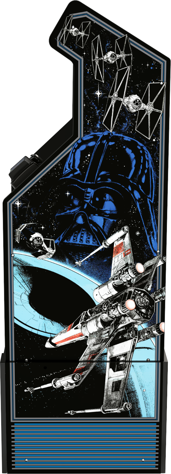 Star Wars arcade gép festménye. Darth Vader, X-szárnyú, TIE vadászok az űrben. Kék, fekete és fehér színvilág.