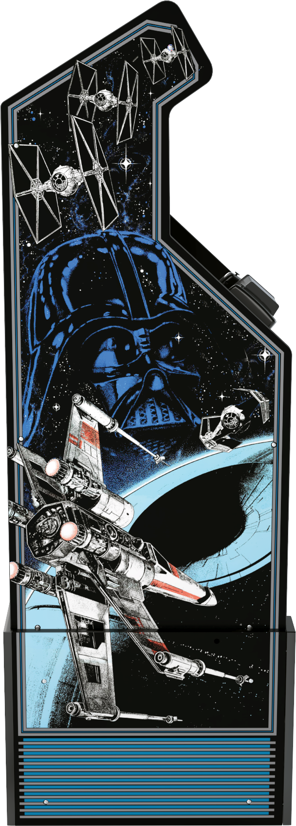 A Star Wars arcade gép grafikája X-winget, TIE vadászgépeket és Darth Vadert ábrázol az űrben. Kék és fekete színvilág.