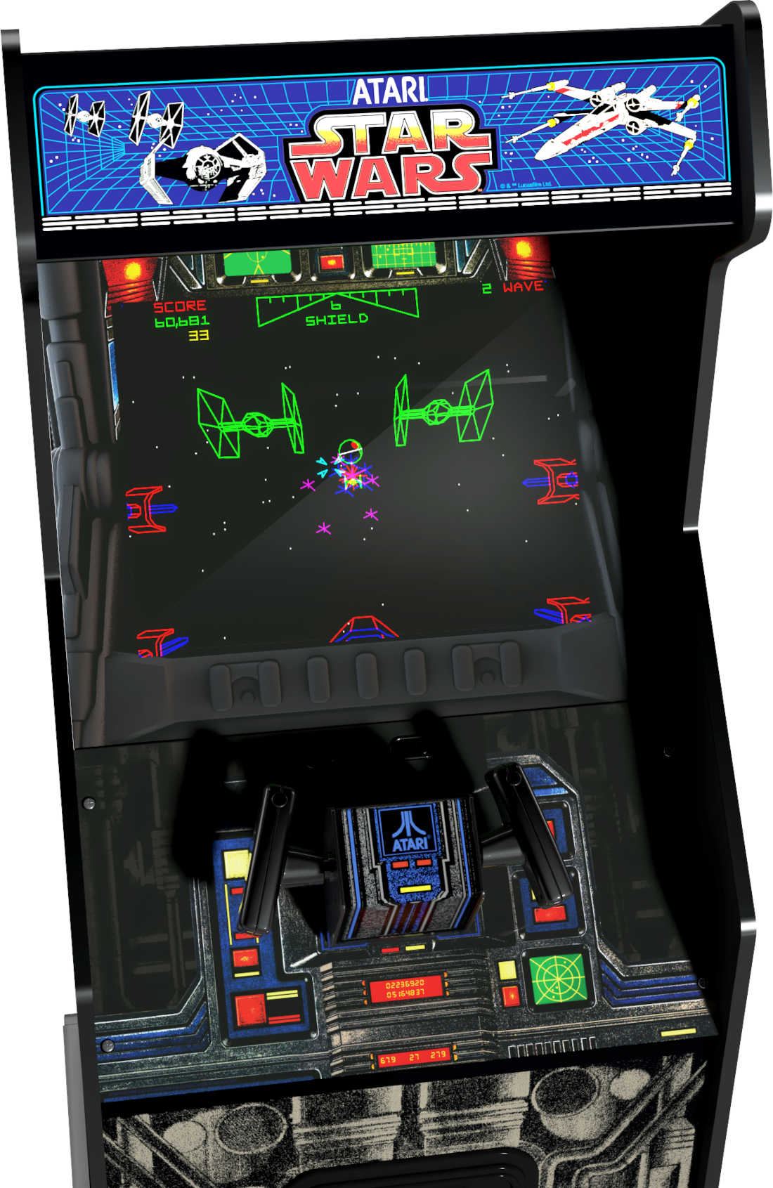 Egy Atari Star Wars arcade játék. A képernyő egy űrcsatát jelenít meg. A gép joystickokkal, gombokkal és egy vezérlőpanellel rendelkezik.