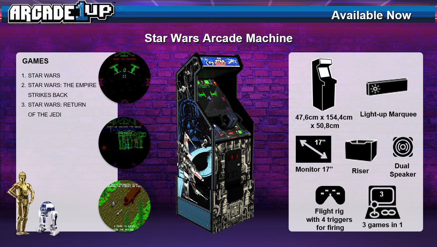 Star Wars játékautomata. 3 játékot, 17"-es monitort és repülőgépet tartalmaz. C-3PO és R2-D2 balra.