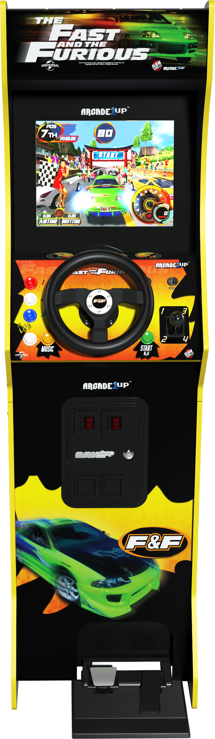 Fast & Furious Arcade1Up gép. A képernyőn autóverseny látható, kormánykerékkel.