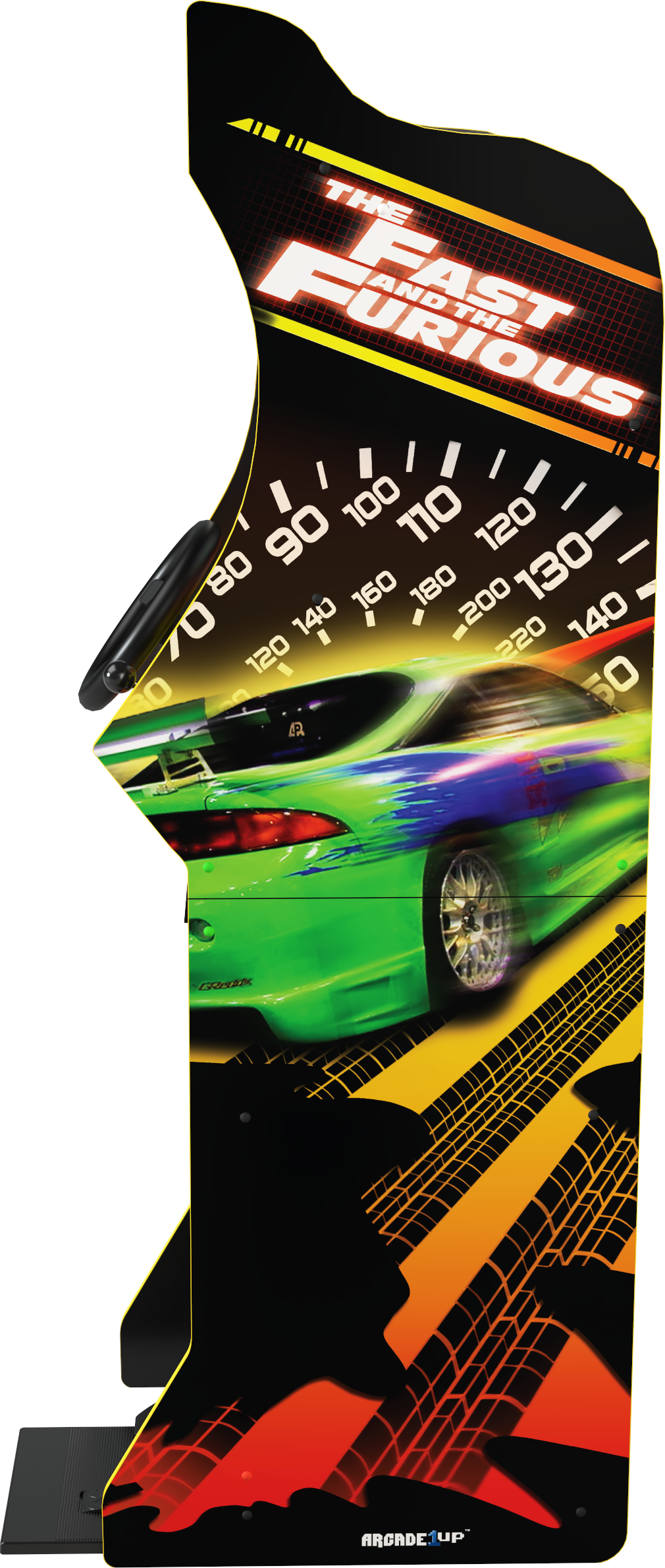 A "The Fast and the Furious" játéktermi gépén zöld autó grafika, sebességmérő és gumiabroncs-nyomvonal látható.
