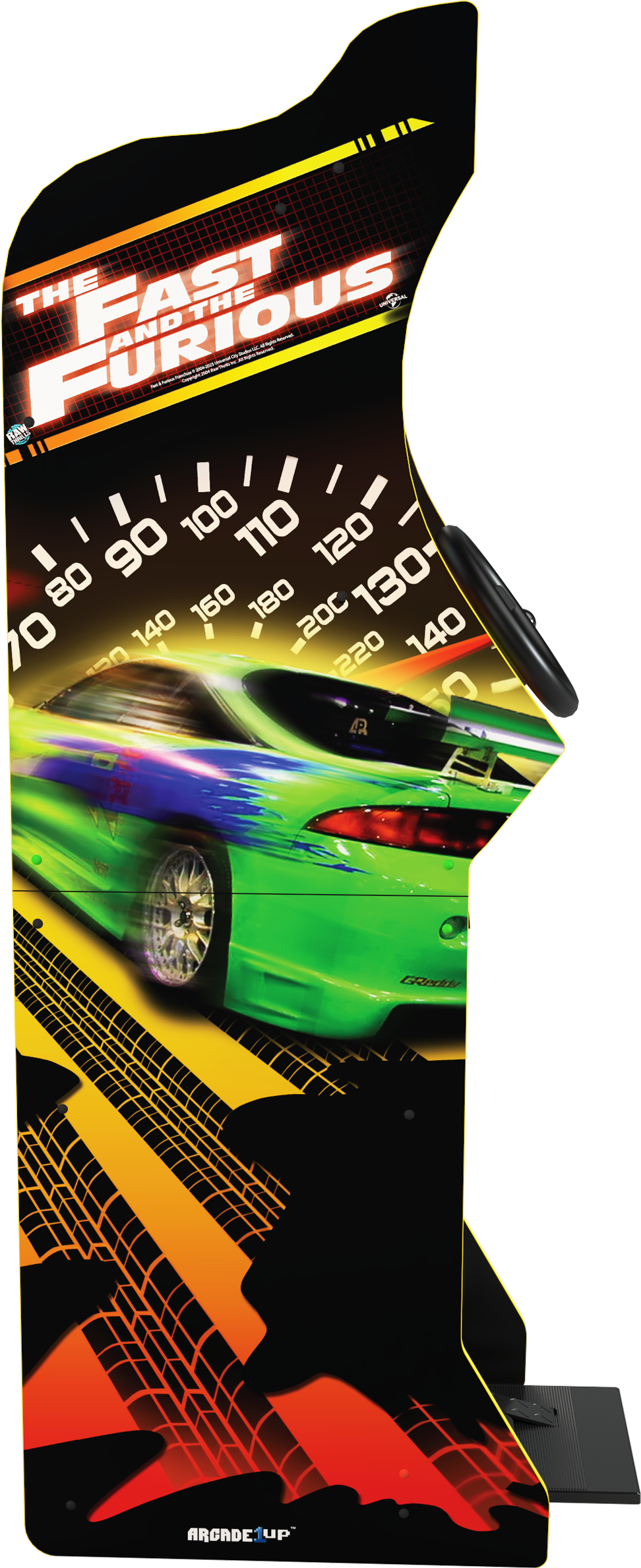 Játékgép zöld autó grafikával. Látható a Fast and the Furious logó. Egy sebességmérő nagy sebességet mutat.