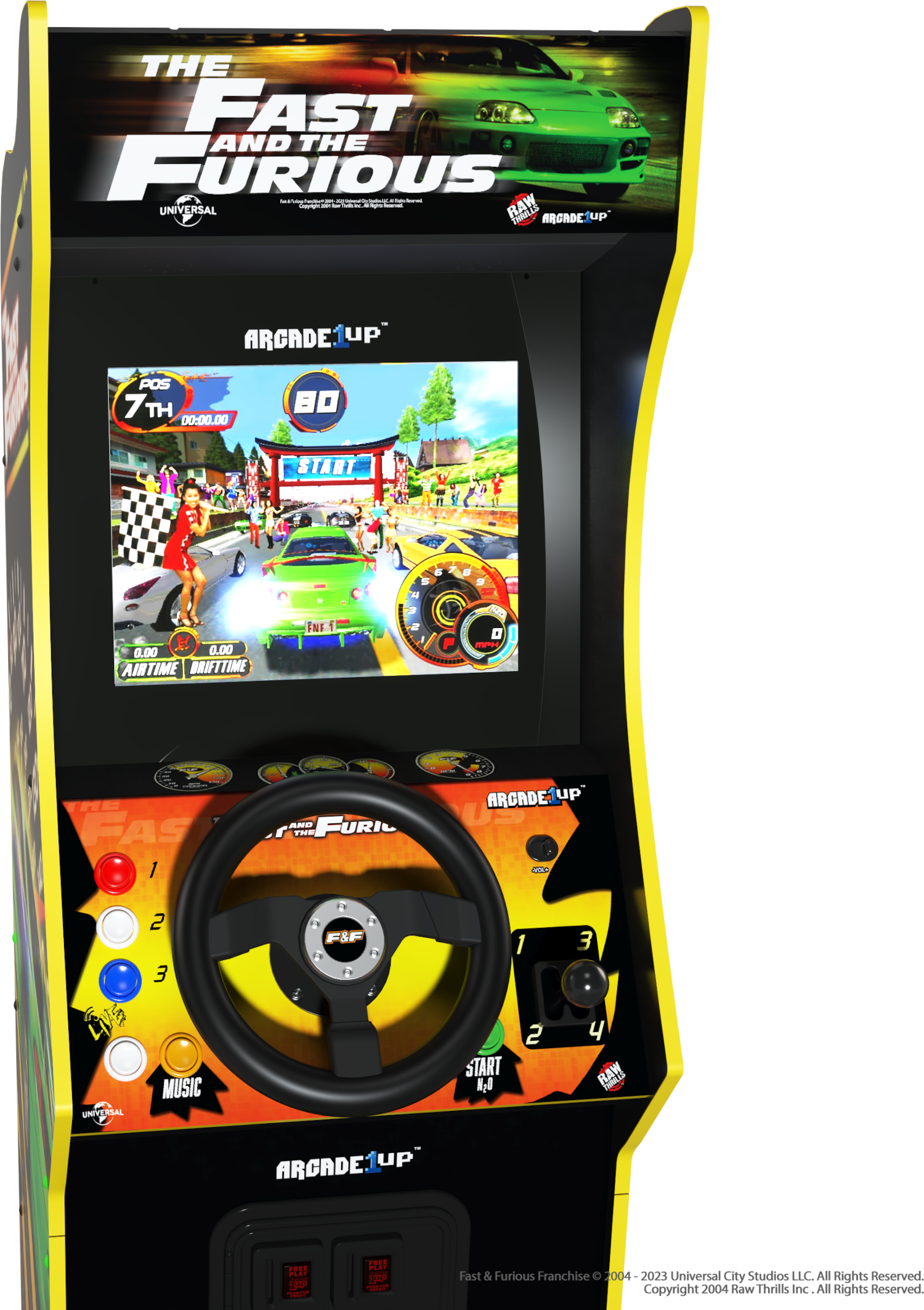 The Fast and the Furious játékhoz készült arcade gép. Zöld autó a képernyőn, kormány, gombok és játék infó.