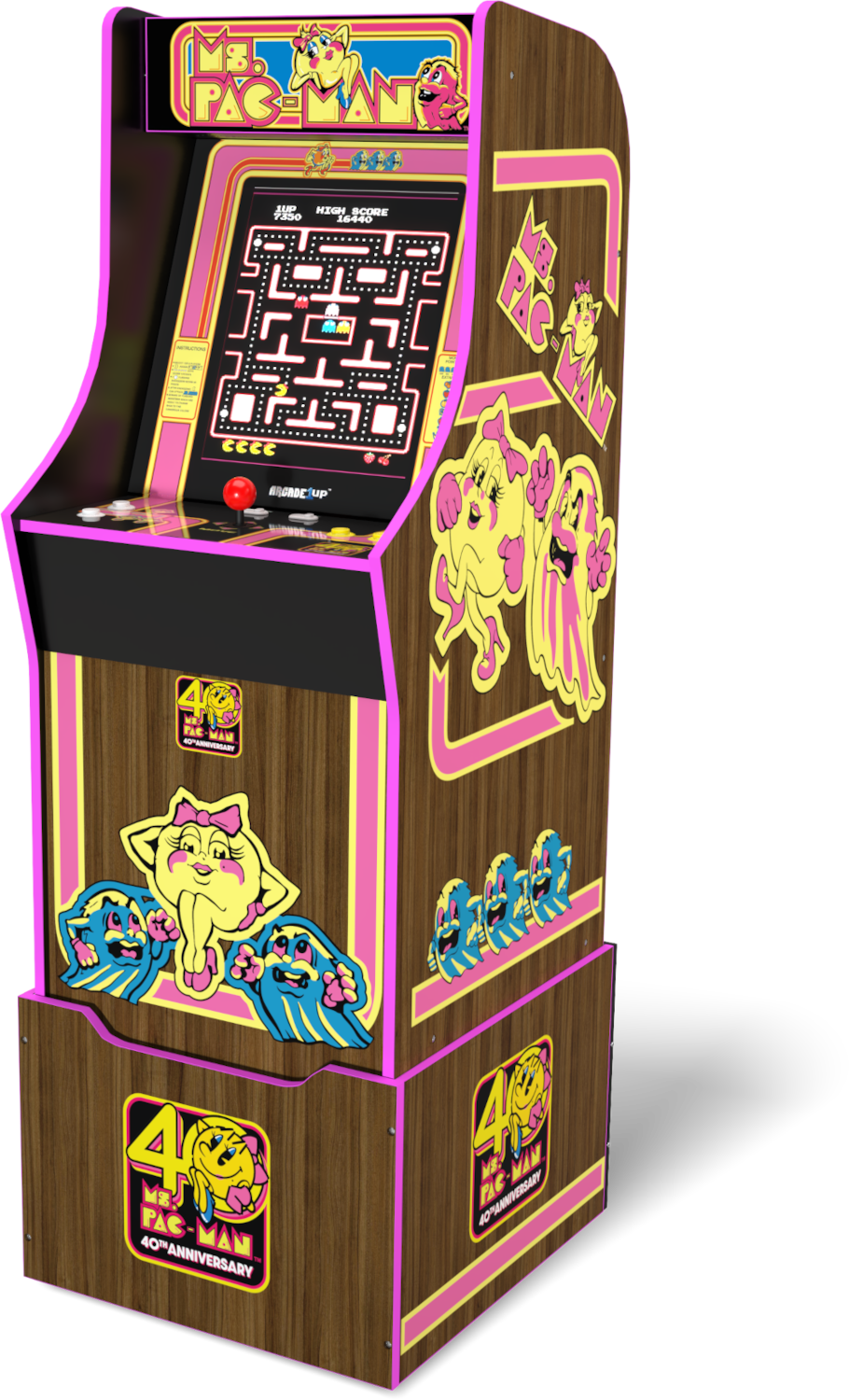 Egy Ms. Pac-Man játékautomata. Barna faerezetes kialakítású, rózsaszín és sárga Ms. Pac-Man grafikákkal. A játékképernyő látható.