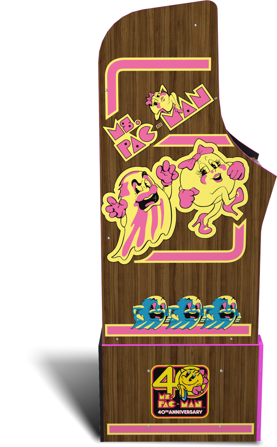 Ms. Pac-Man játékautomata. Karaktereket, a Ms. Pac-Man logót és a 40. évforduló részleteit jeleníti meg a faerezeteken.