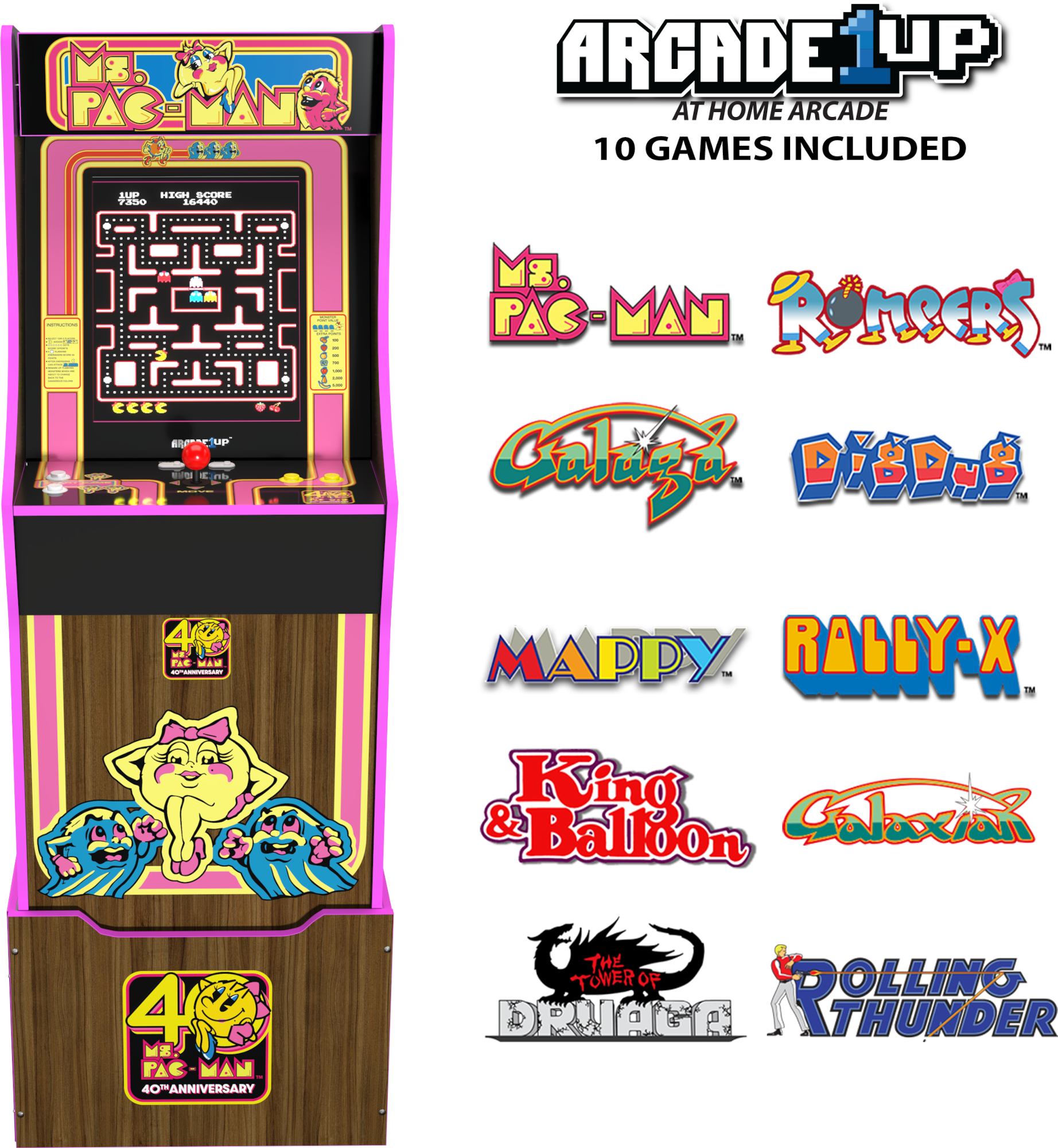 Egy Ms. Pac-Man játékgép, rózsaszín elemekkel. Játék képernyőt és különböző klasszikus játékok logóit tartalmazza.