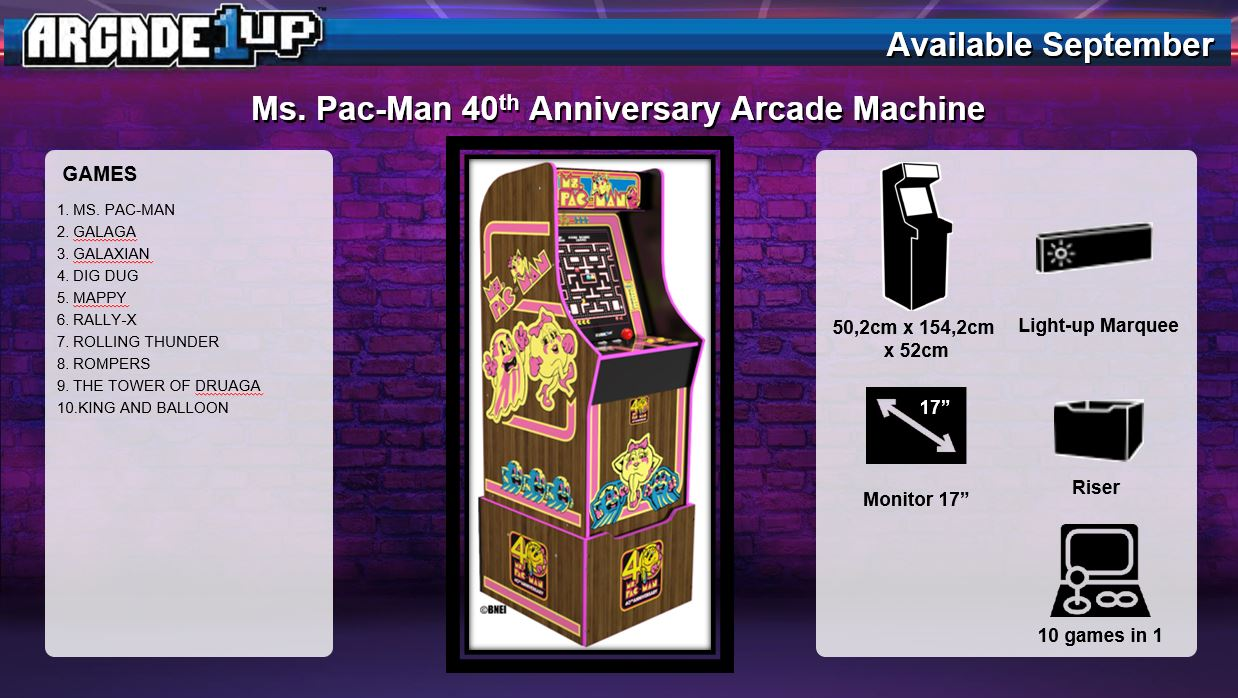 Ms. Pac-Man 40. évfordulós arcade gép hirdetése. Tartalmazza a gép képét, a játékok listáját és specifikációkat.