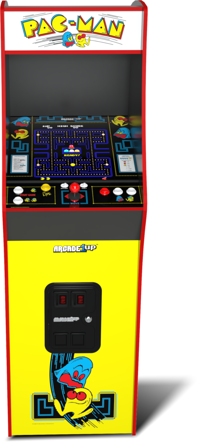 Pac-Man arcade játék. Játékkijelzőt, vezérlőpanelt és kabinettervezést tartalmaz sárga és piros díszítéssel.