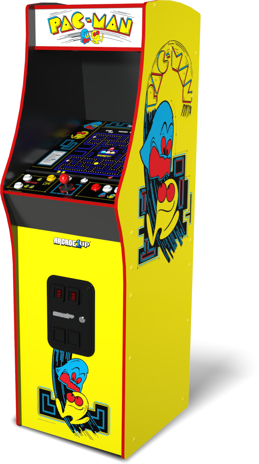 Sárga Pac-Man játékautomata. Van rajta egy Pac-Man logó, a játékképernyő, a vezérlőpanel és oldalsó grafikák Pac-Man-nel és szellemekkel.