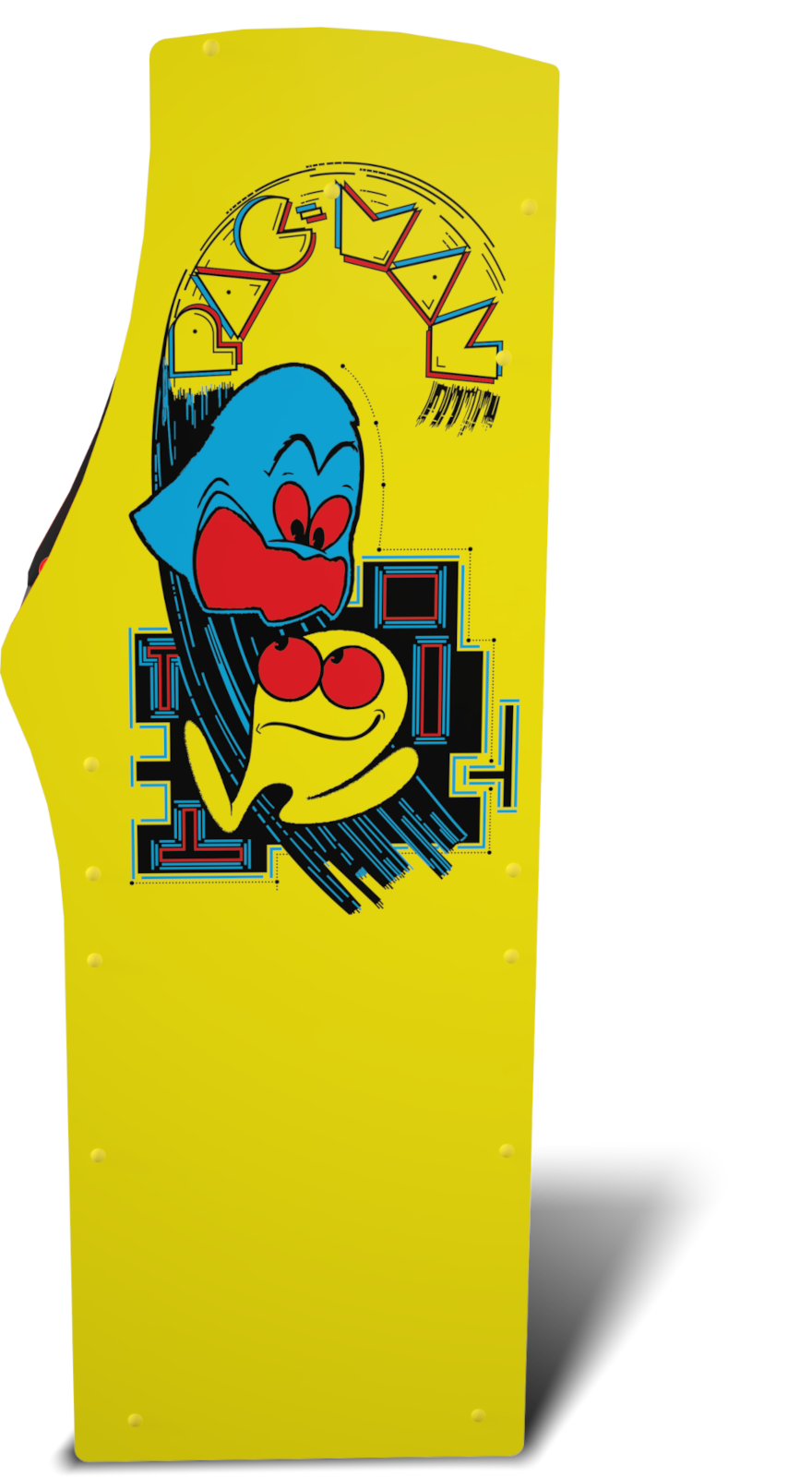 Egy sárga arcade panel Pac-Man karakterekkel. Egy kék szellem és egy sárga Pac-Man van a panelen a 'PAC-MAN' szóval felette.
