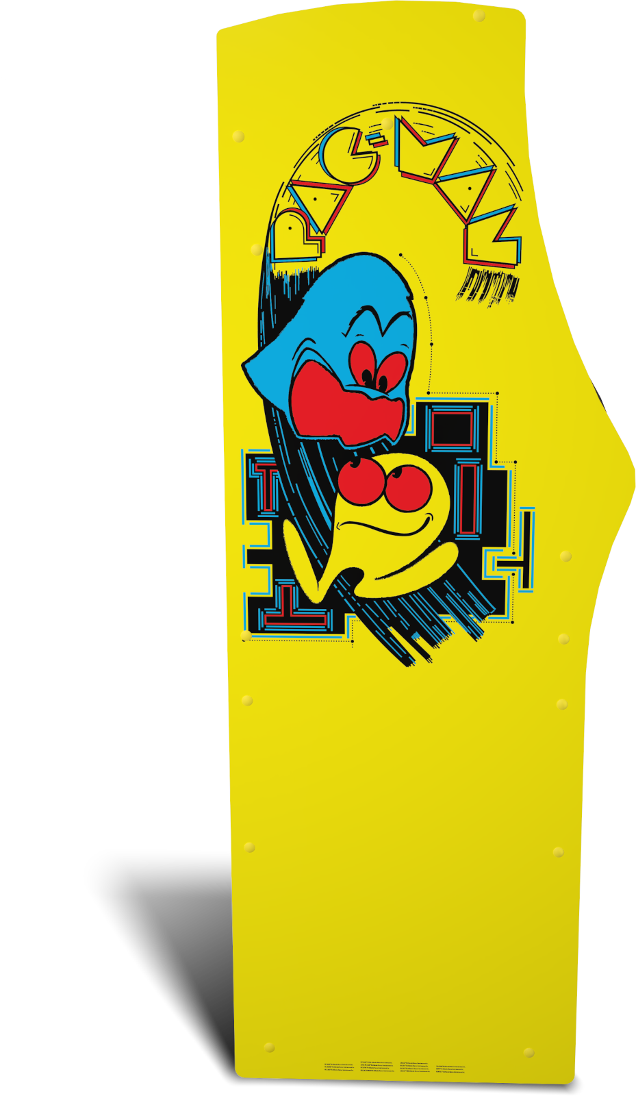 Sárga Pac-Man játéktermi gép oldalsó grafikája. Pac-Man szellemeket, Pac-Man logót és stilizált labirintus elemeket tartalmaz.