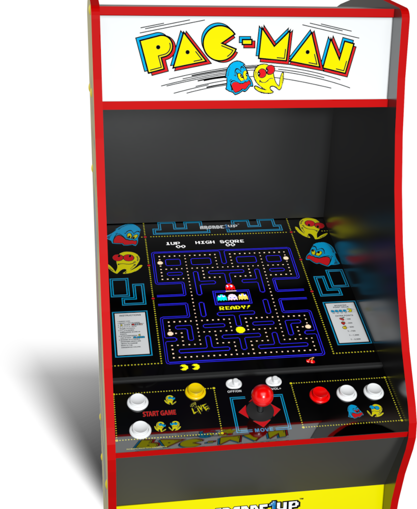 Egy Pac-Man arcade gép. A szekrény piros és fekete, a tetején a Pac-Man logóval. A játékképernyő a közepén van.