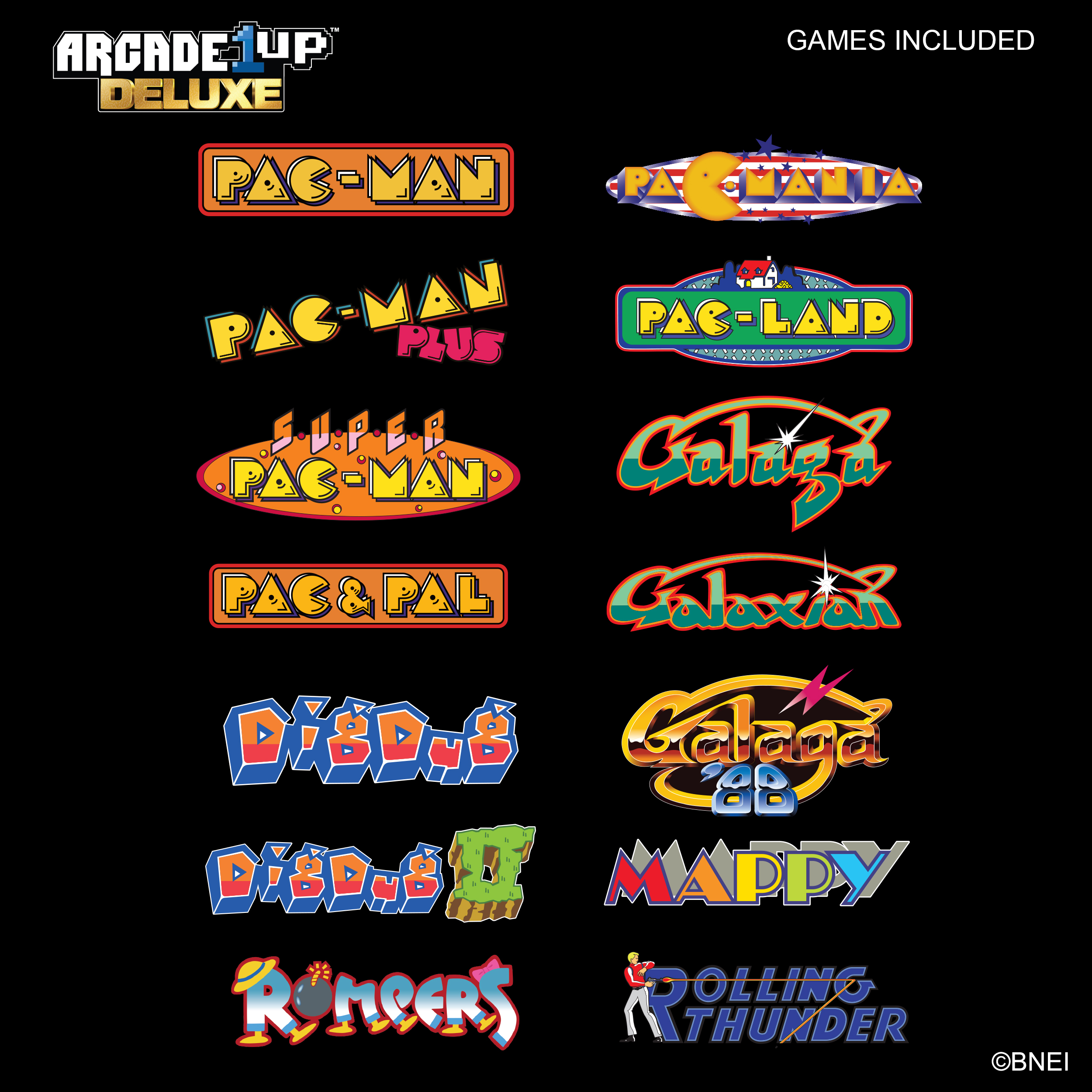 A képen egy fekete háttér látható az Arcade 1UP Deluxe logójával. Alatta több arcade játék logója van elrendezve.