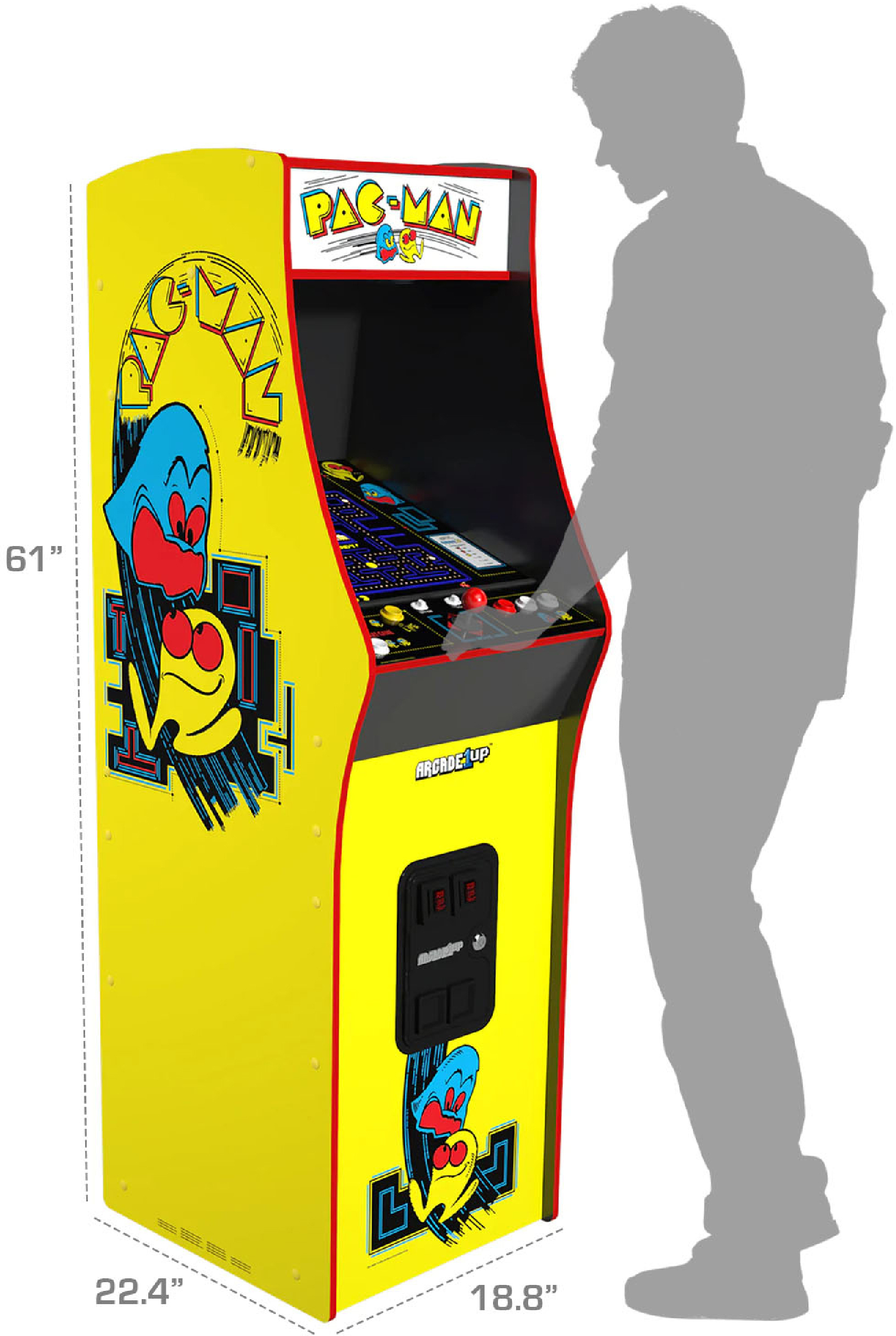 Egy Pac-Man játékautomata látható. Egy személy áll mellette. A gép sárga, Pac-Man grafikákkal és logókkal.