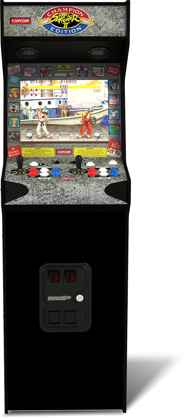 Street Fighter II-s játékautomata. Két karakter küzd a képernyőn. A gép joystickokkal és gombokkal rendelkezik.