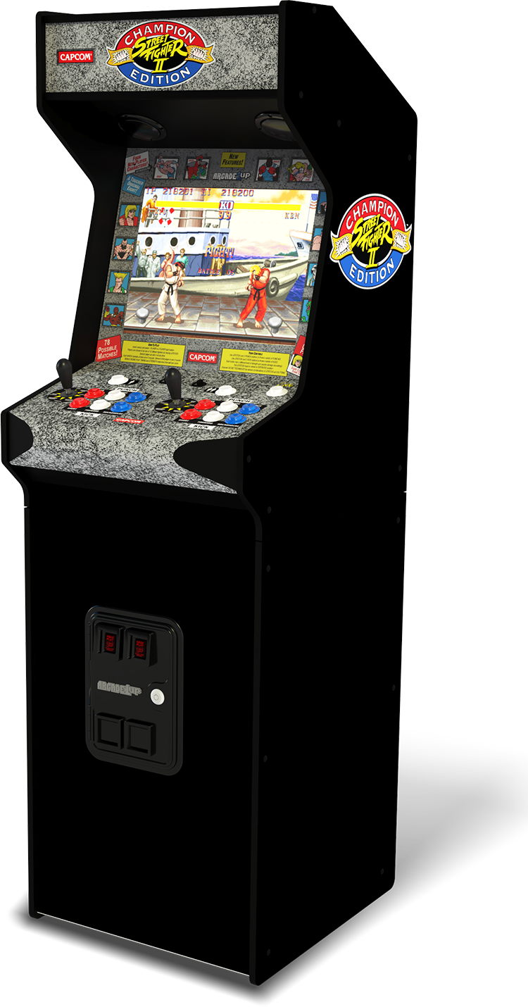 Egy Street Fighter II Edition logóval ellátott játékautomata. A képernyőn egy verekedős játék látható. Gombok és joystickok láthatók.