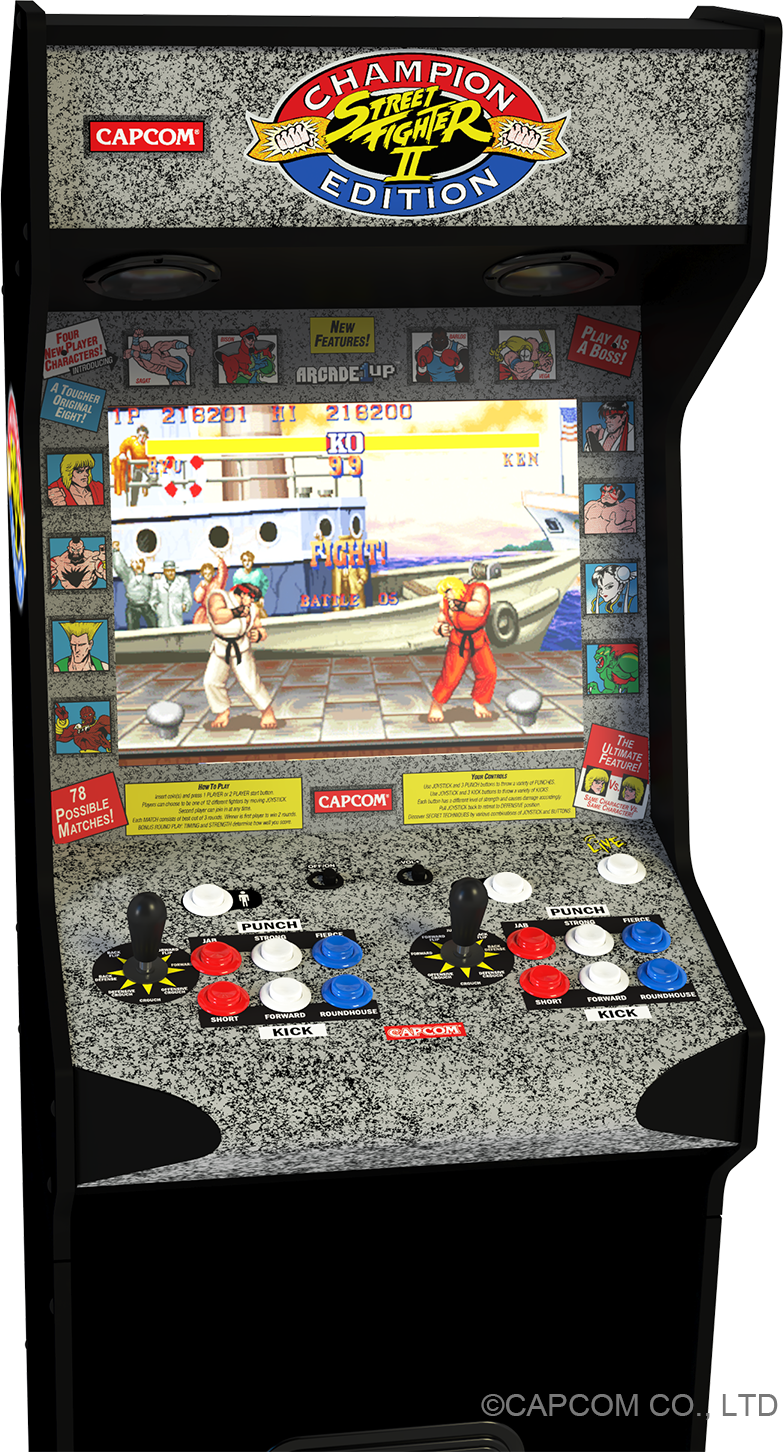 Street Fighter II Champion Edition arcade gép. Két harcos látható a képernyőn. A joystickok és a gombok a képernyő alatt vannak.