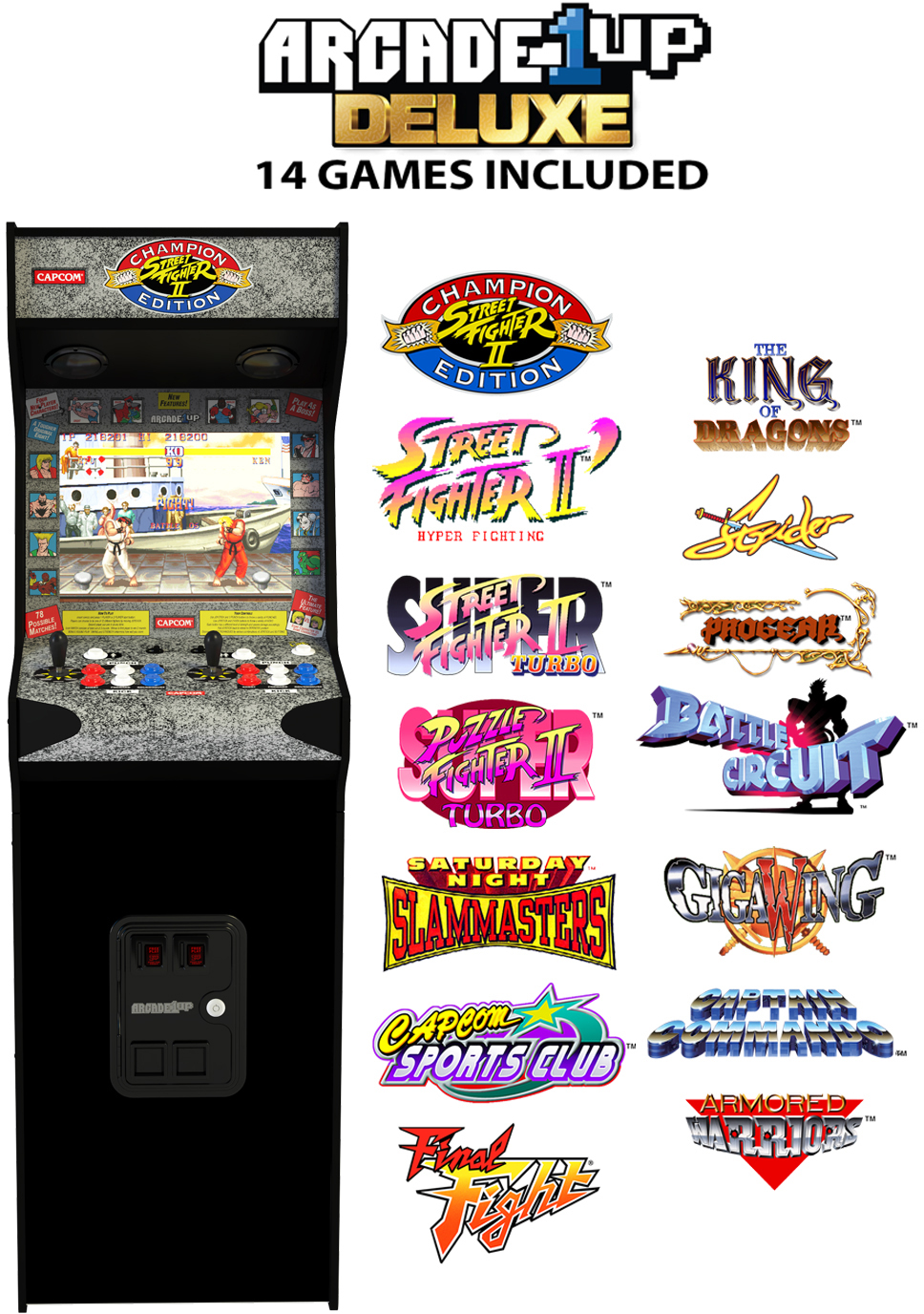 Egy Arcade1Up Deluxe gép Street Fighter II-t és más játékokat jelenít meg. Több játék logója látható jobbra.